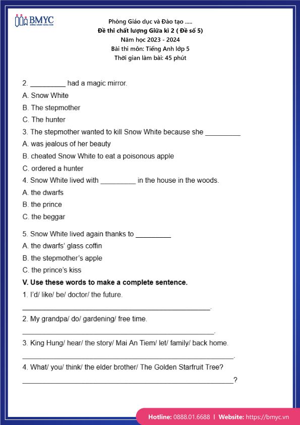 Đề thi chất lượng Giữa kì 2 (Đề số 5)