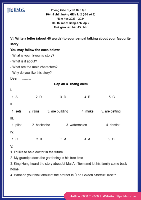 Đáp án đề thi chất lượng Giữa kì 2 (Đề số 5)