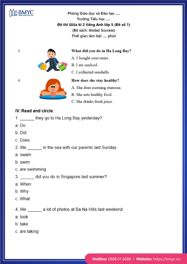 Đề thi Giữa kì 2 Tiếng Anh lớp 5 (Đề số 1)