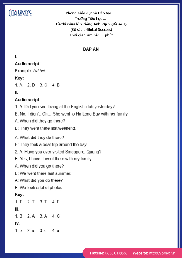 Đáp án đề thi Giữa kì 2 Tiếng Anh lớp 5 (Đề số 1)