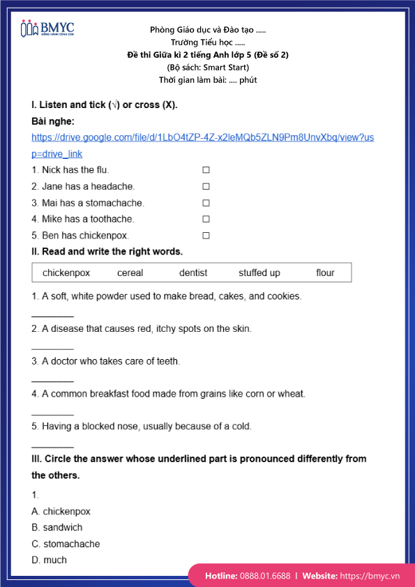 Đề thi Giữa kì 2 Tiếng Anh lớp 5 (Đề số 2)