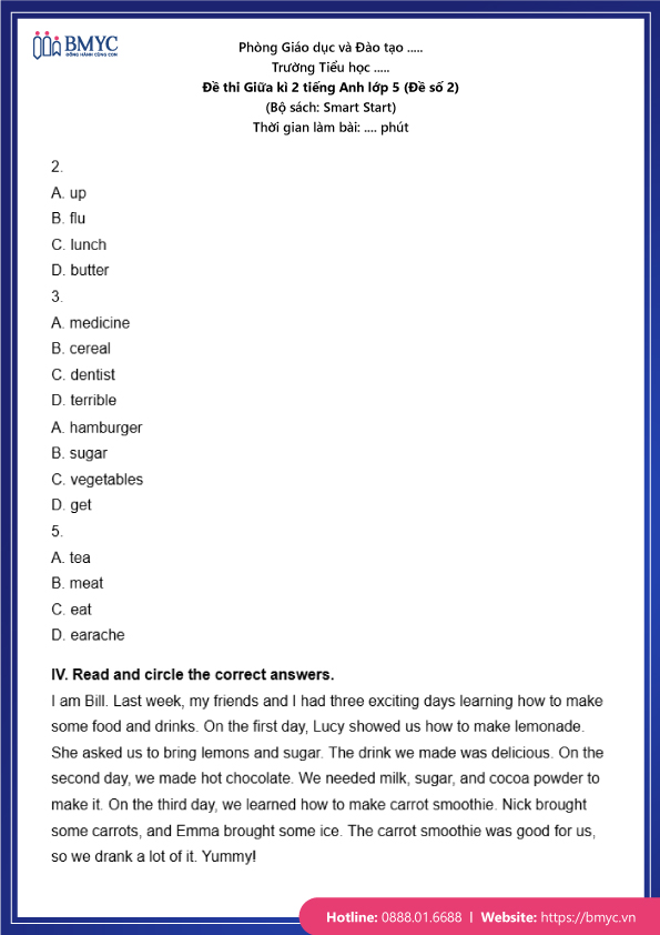Đề thi Giữa kì 2 Tiếng Anh lớp 5 (Đề số 2)