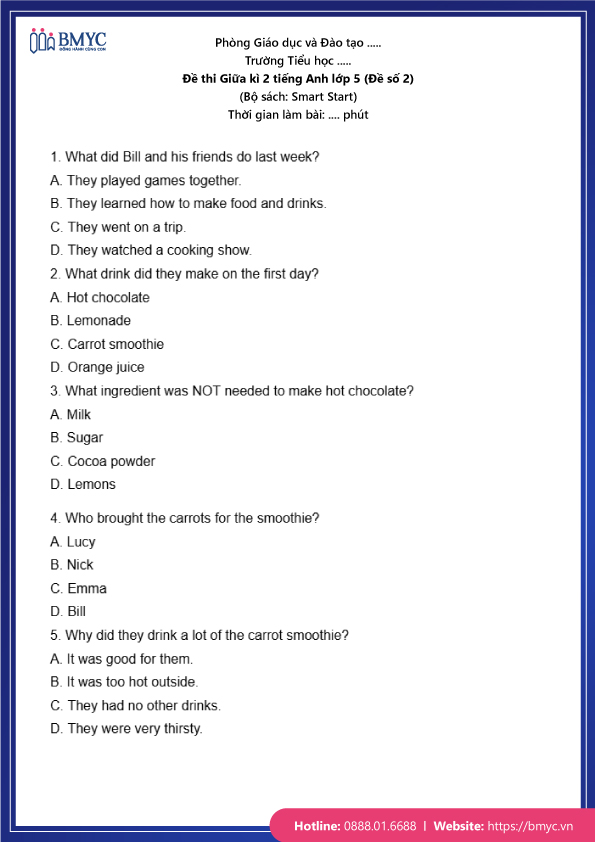 Đề thi Giữa kì 2 Tiếng Anh lớp 5 (Đề số 2)