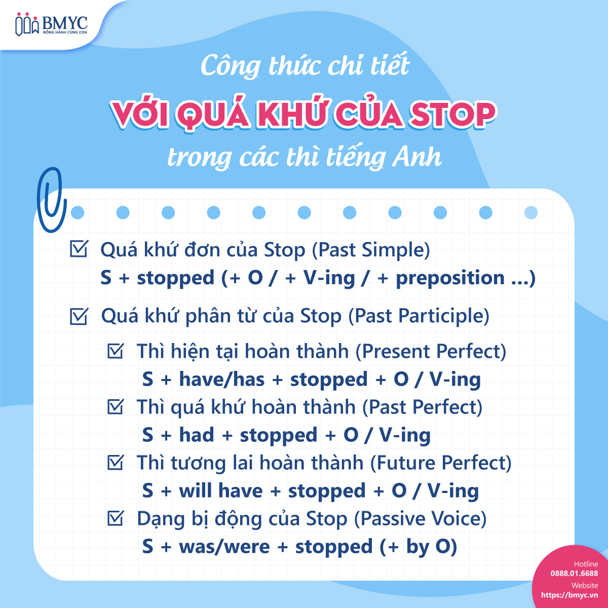 Công thức chi tiết với quá khứ của Stop trong các thì tiếng Anh
