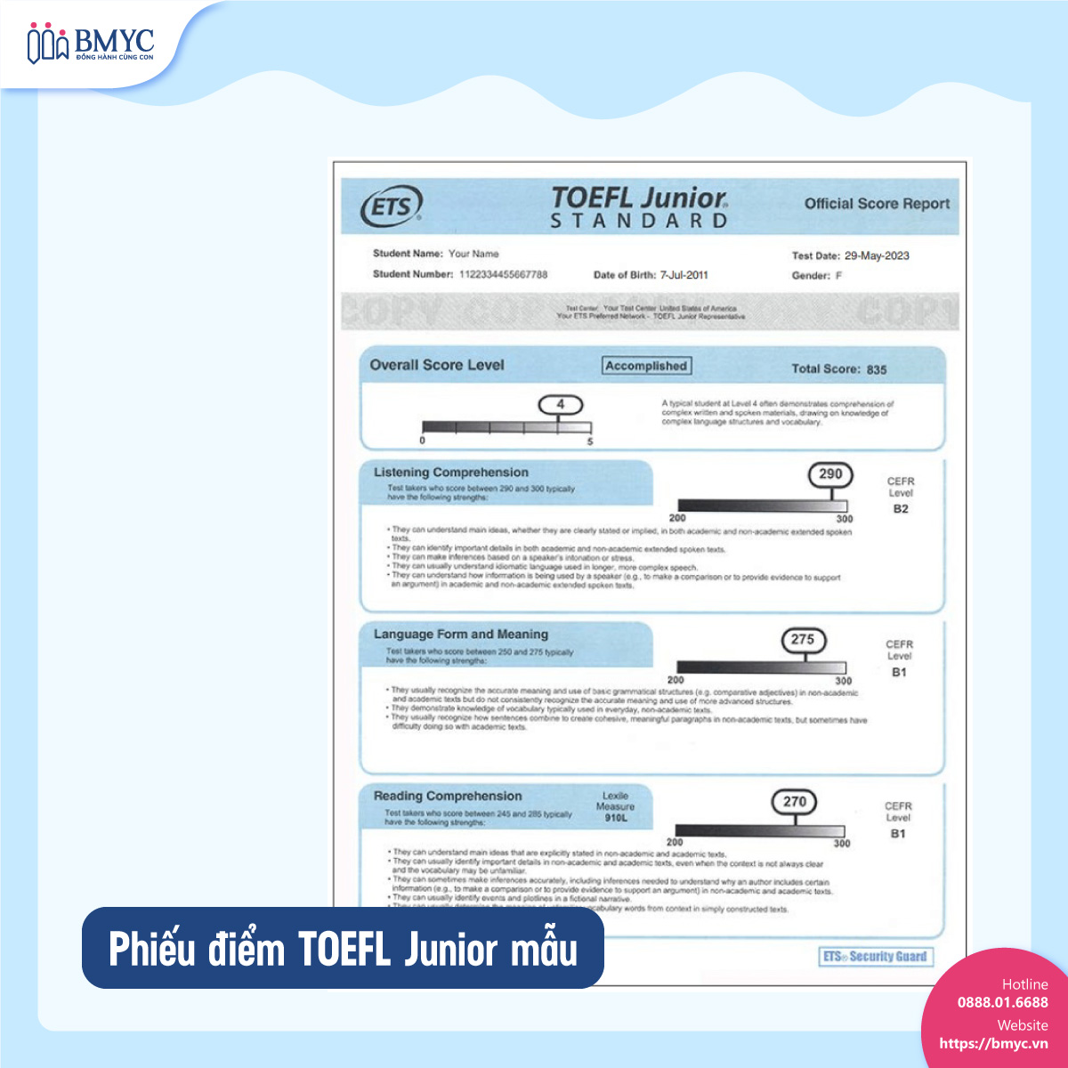 Phiếu điểm TOEFL Junior mẫu