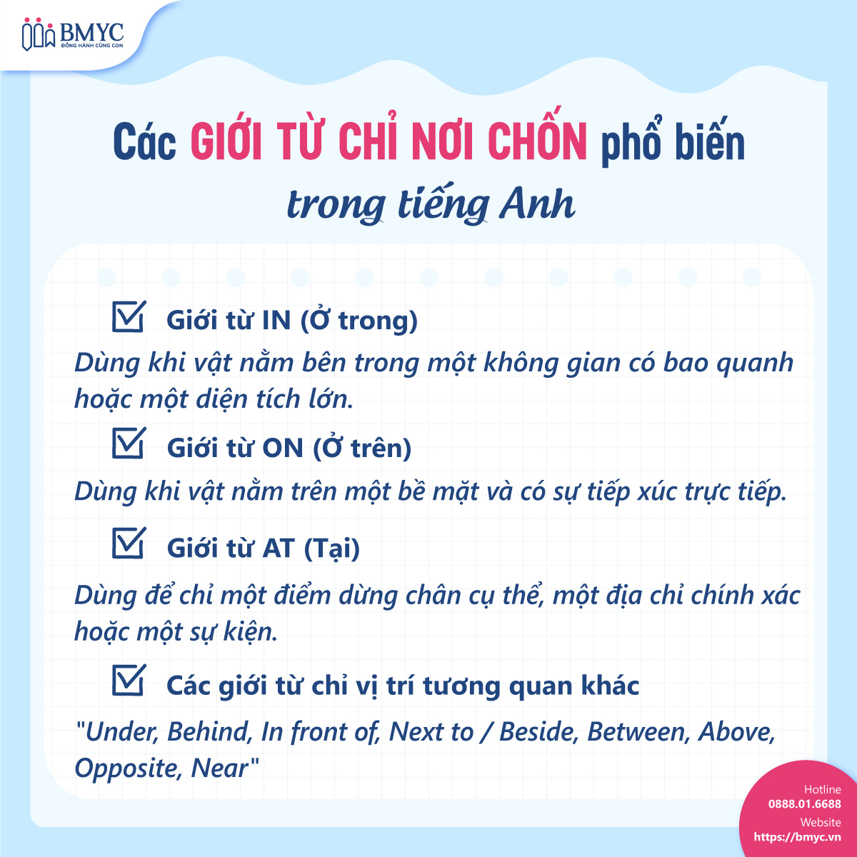 Các giới từ chỉ nơi chốn phổ biến trong tiếng Anh Các giới từ chỉ nơi chốn phổ biến trong tiếng Anh