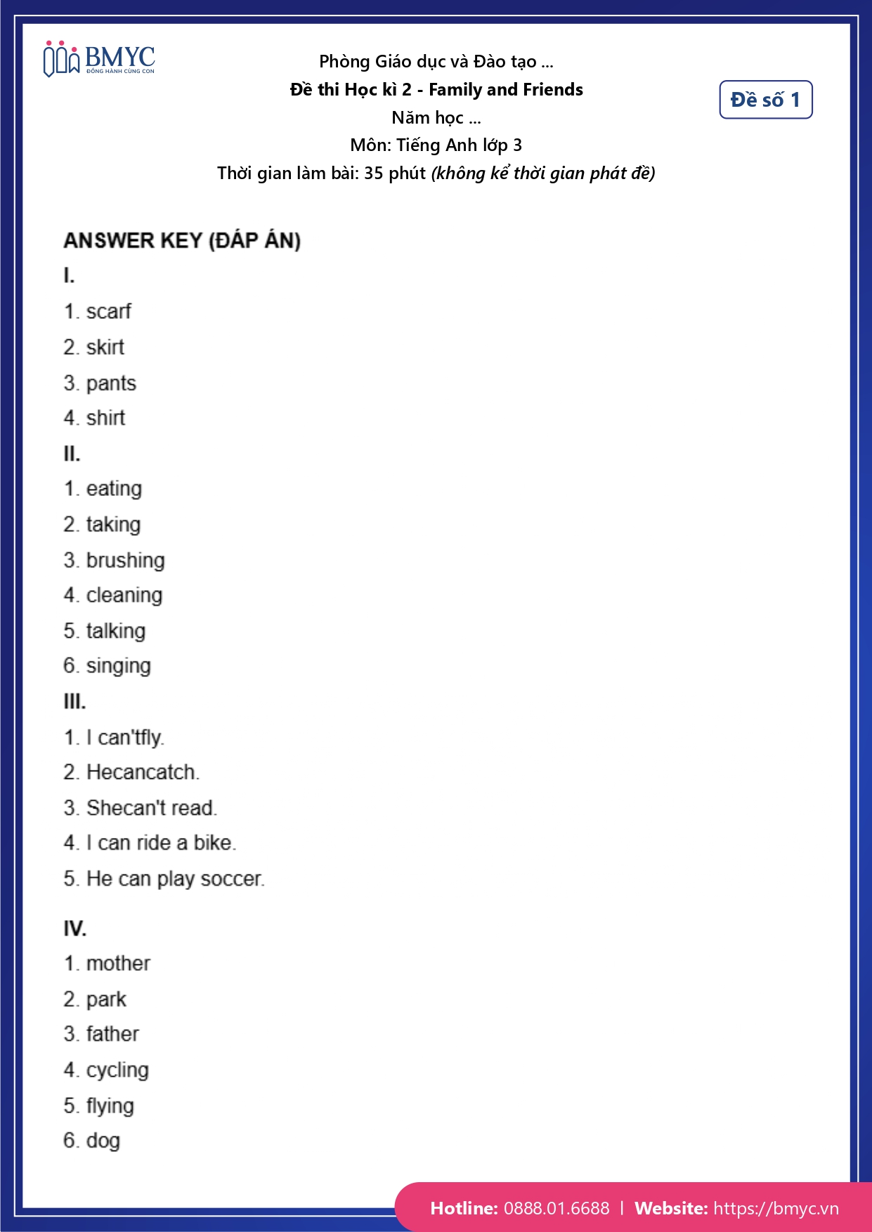 Đáp án đề số 1