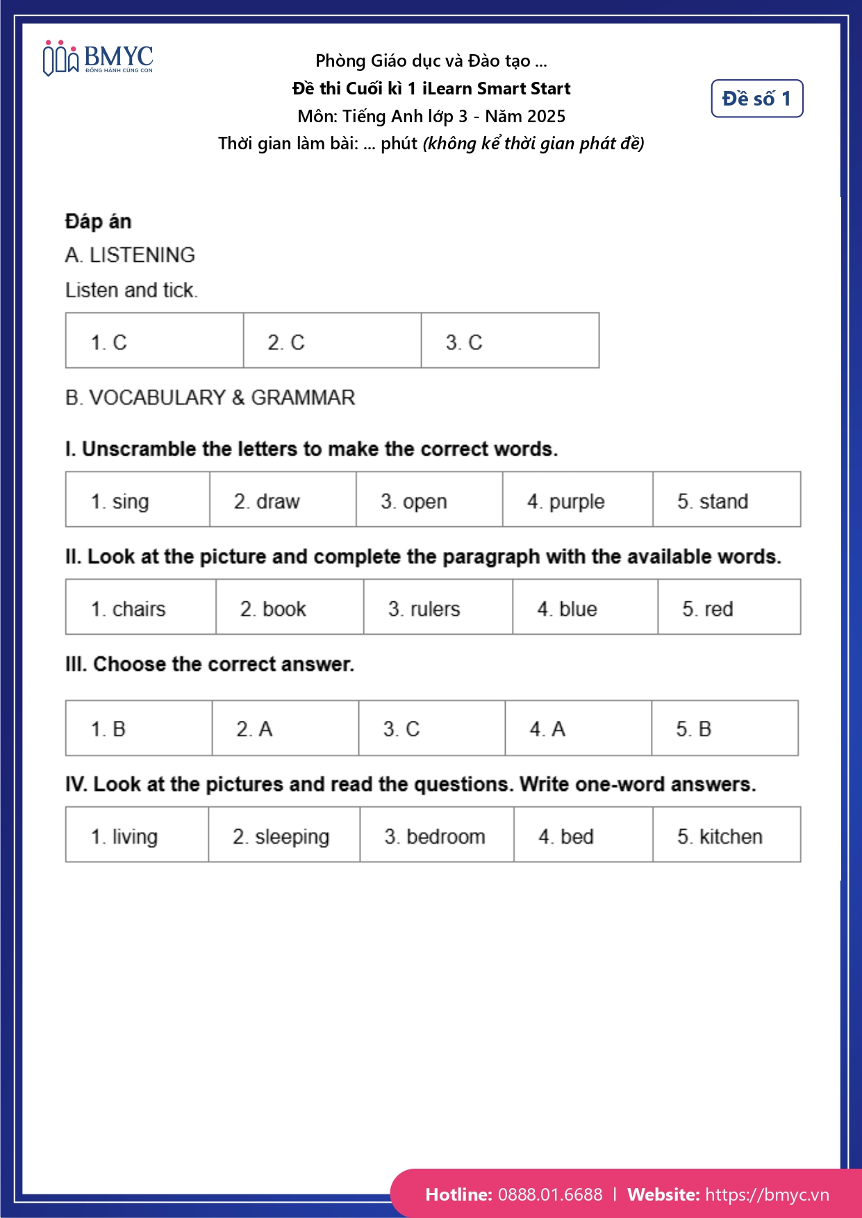 Đáp án đề số 1