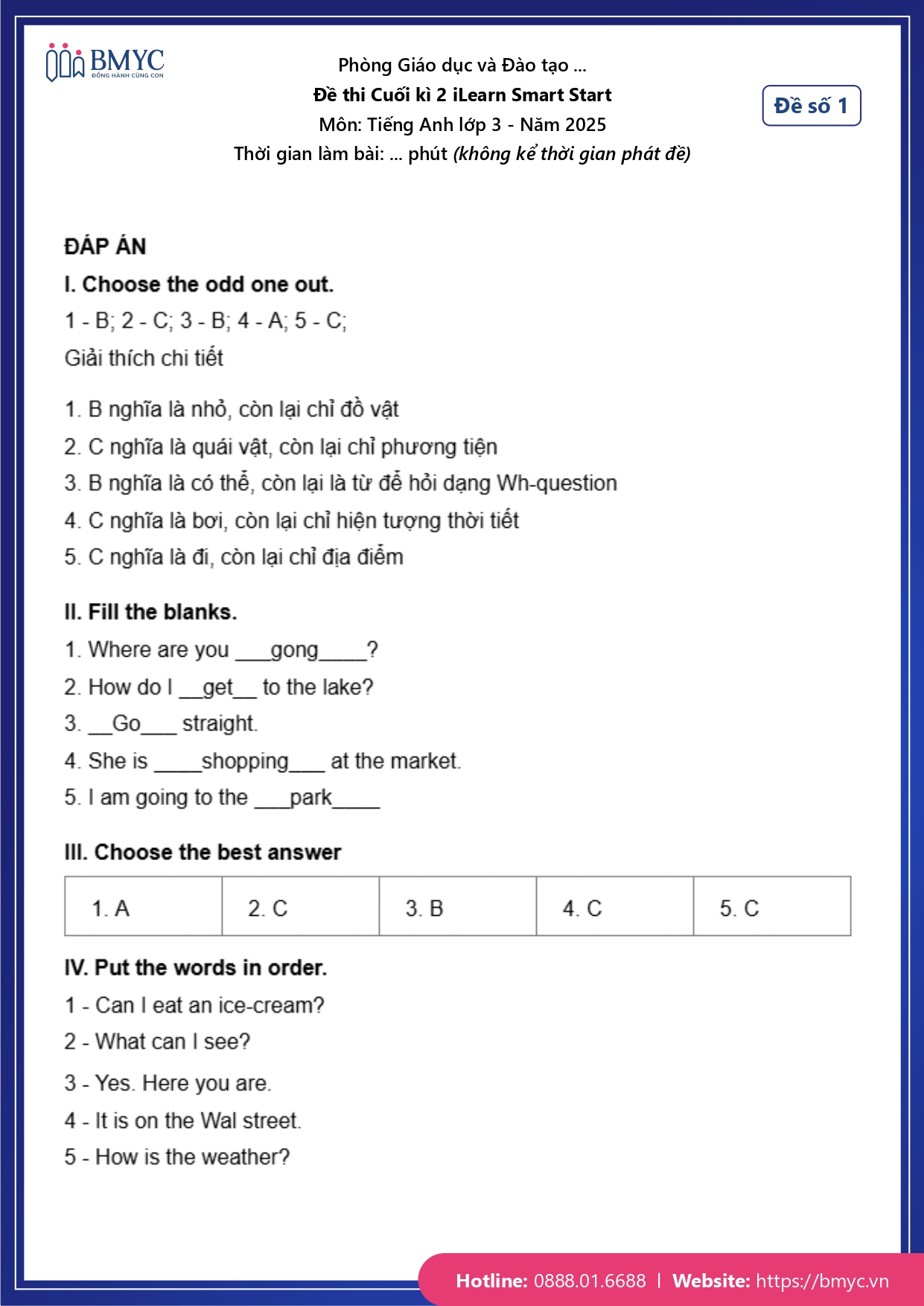 Đáp án đề số 1