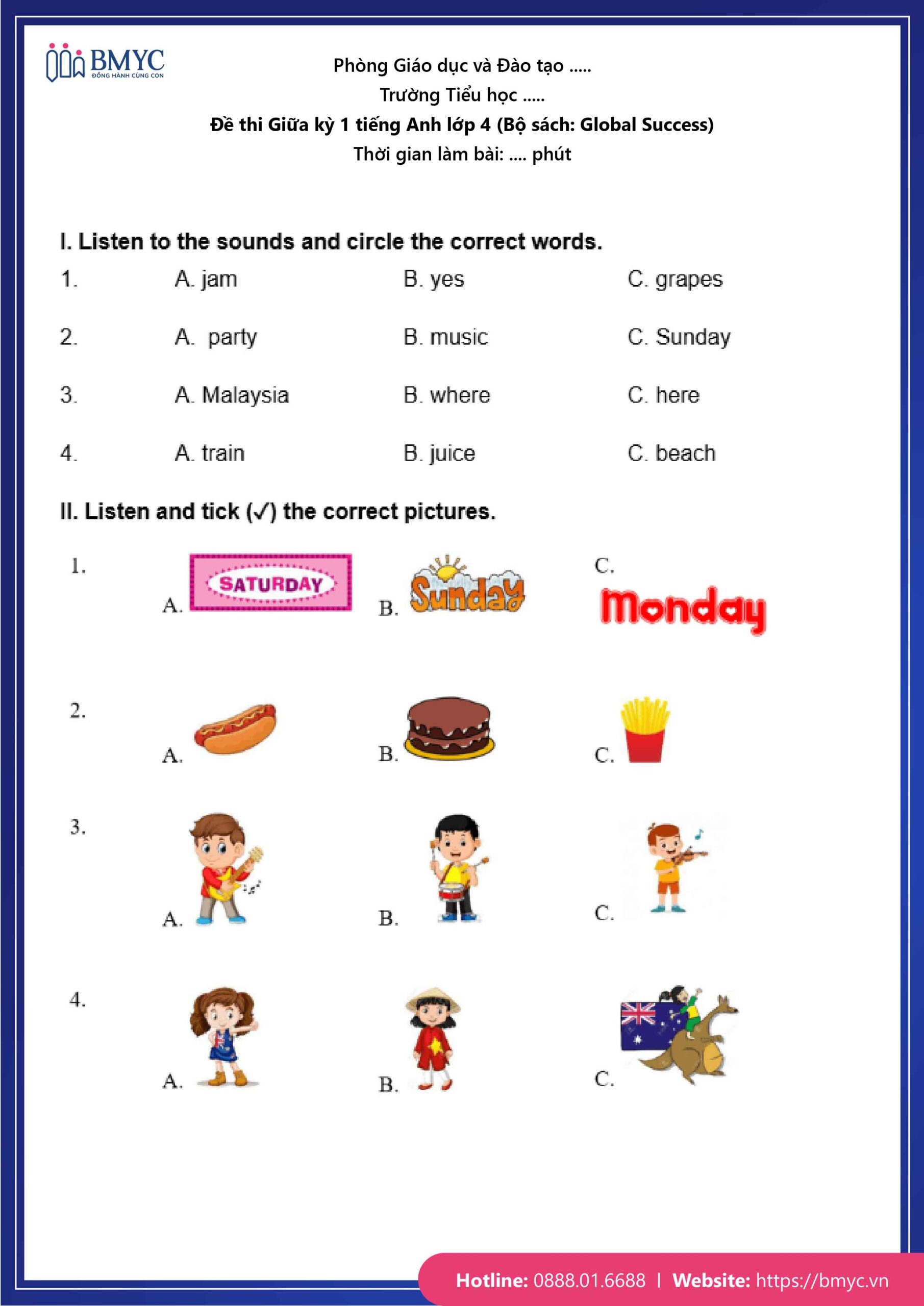 De thi TA lop 4-03 Đề số 1