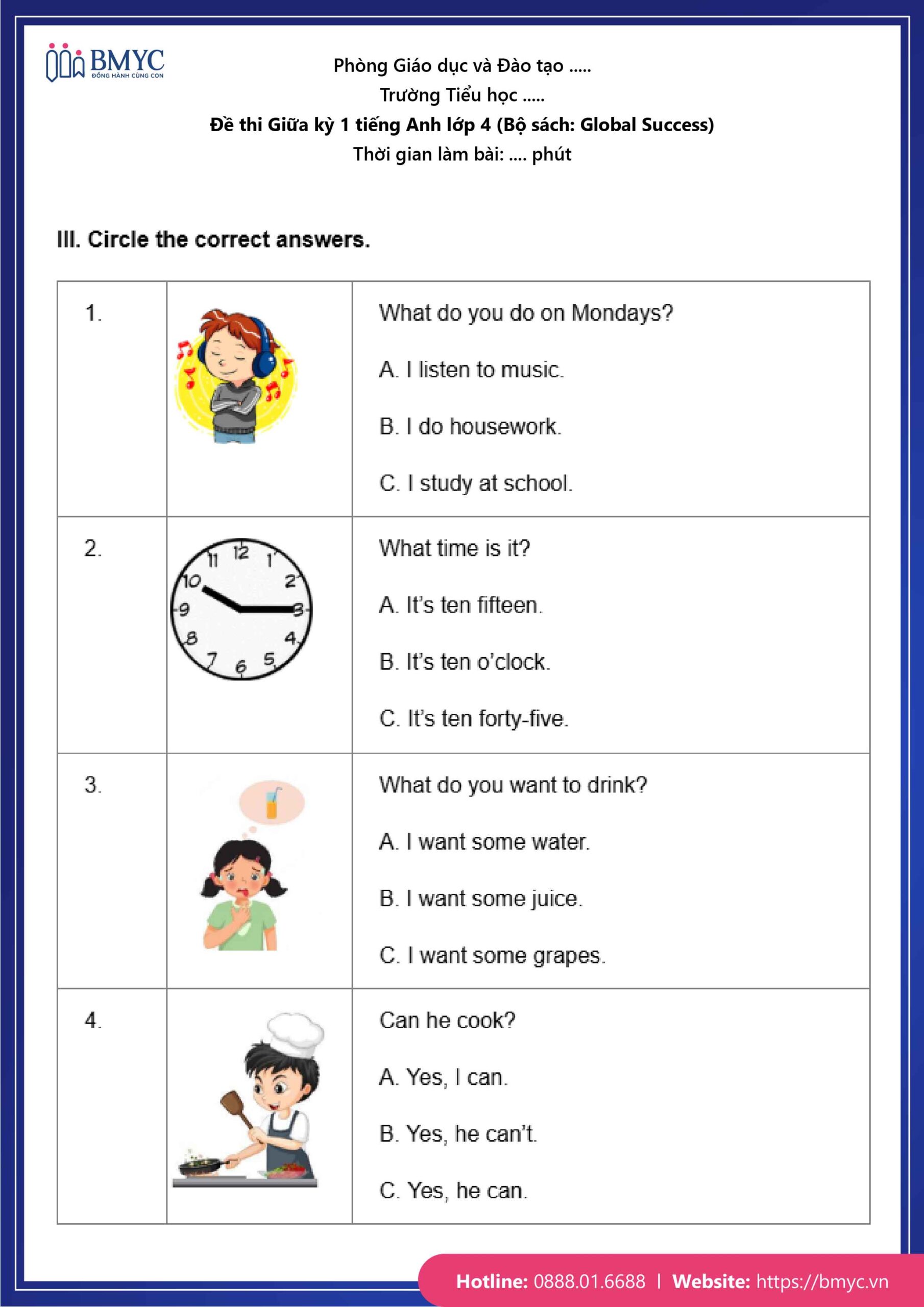 De thi TA lop 4-04 Đề số 1