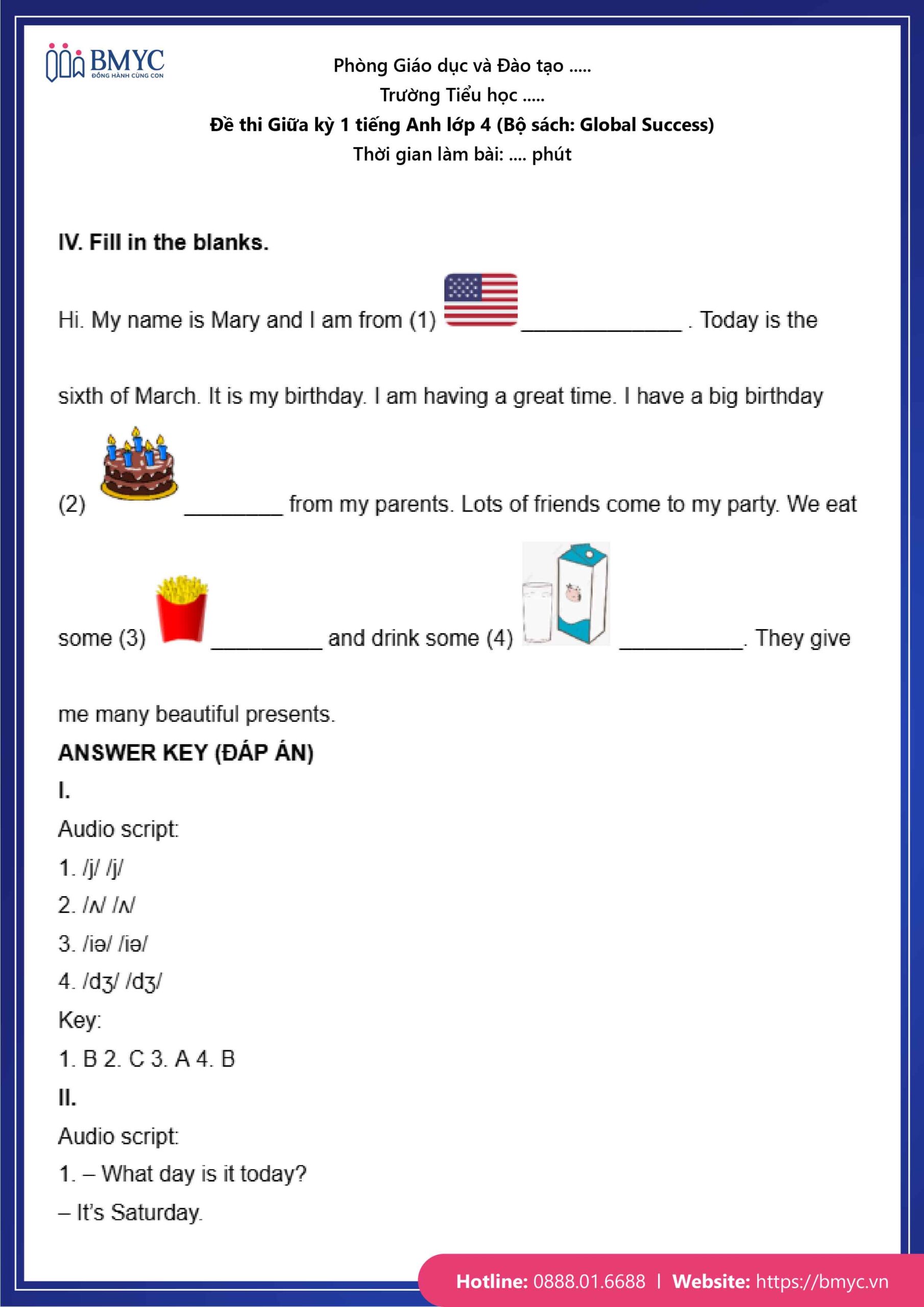 De thi TA lop 4-05 Đề số 1