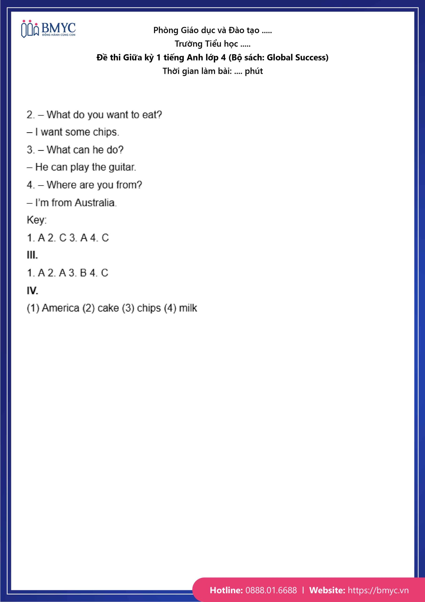 De thi TA lop 4-06 Đáp án đề số 1