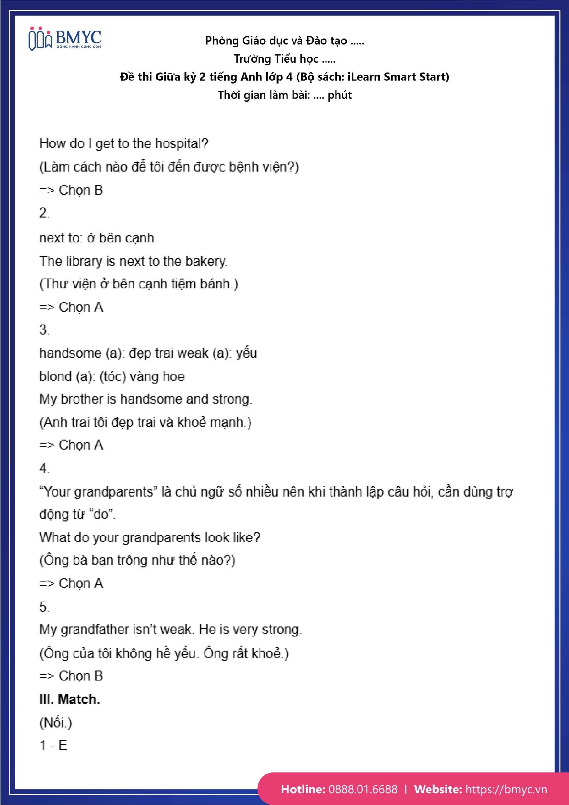 De thi TA lop 4-100 Đáp án đề số 1