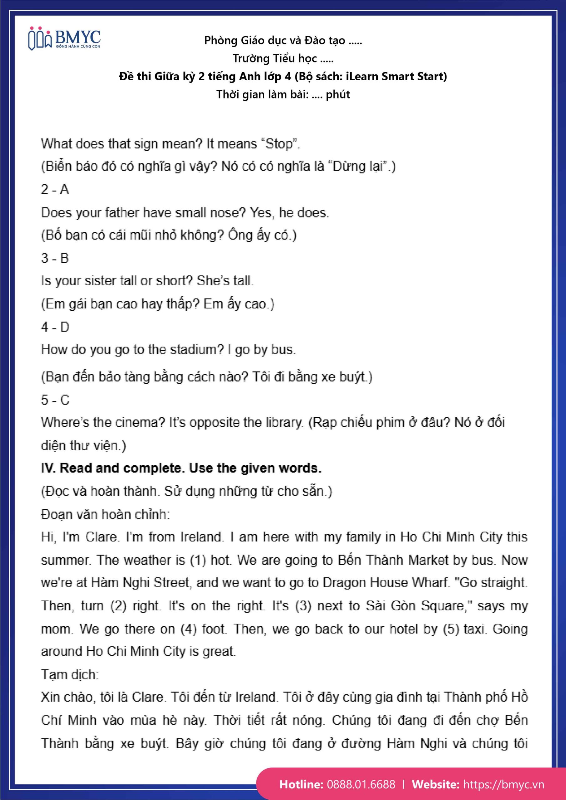 De thi TA lop 4-101 Đáp án đề số 1