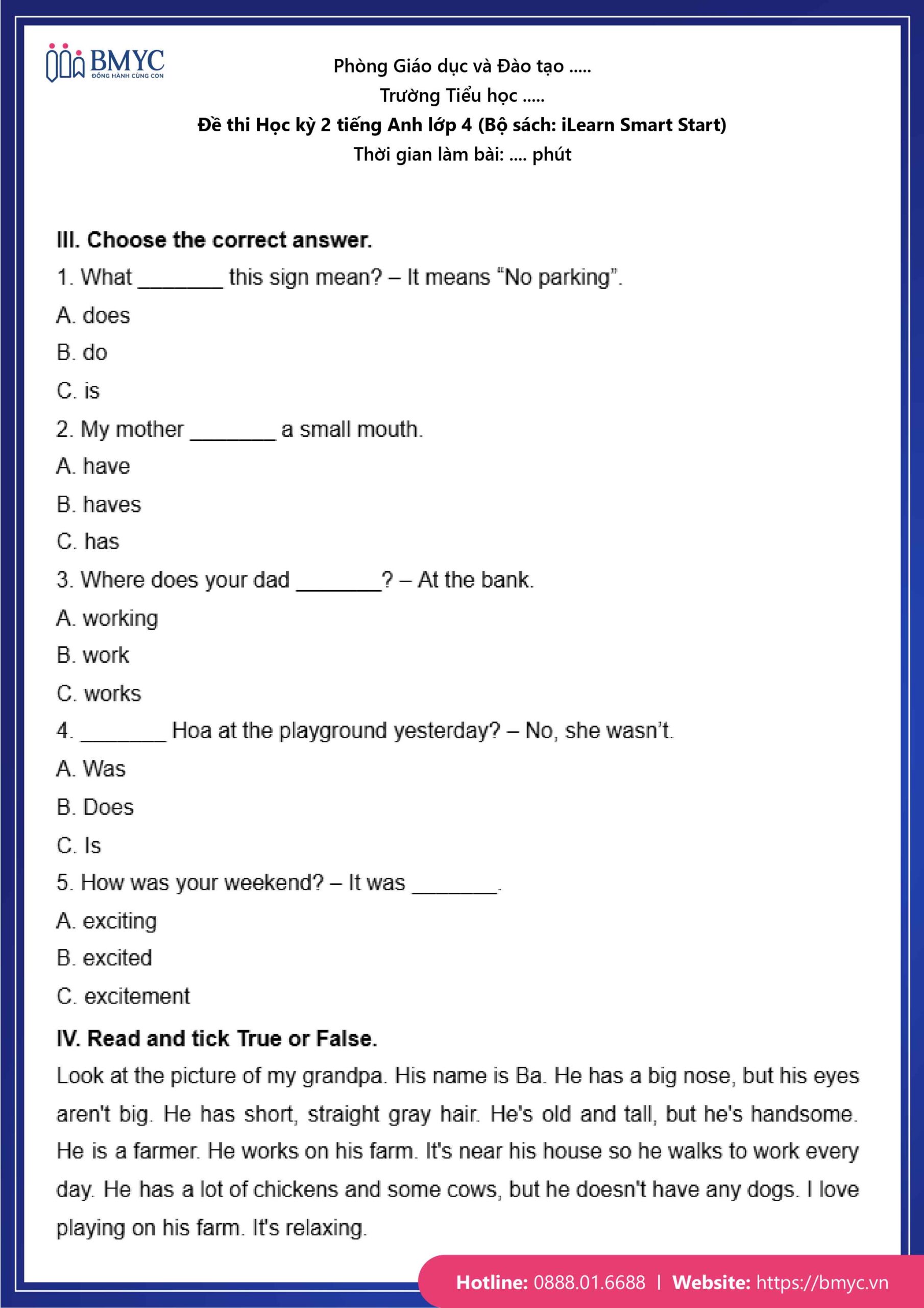 De thi TA lop 4-105 Đề số 1