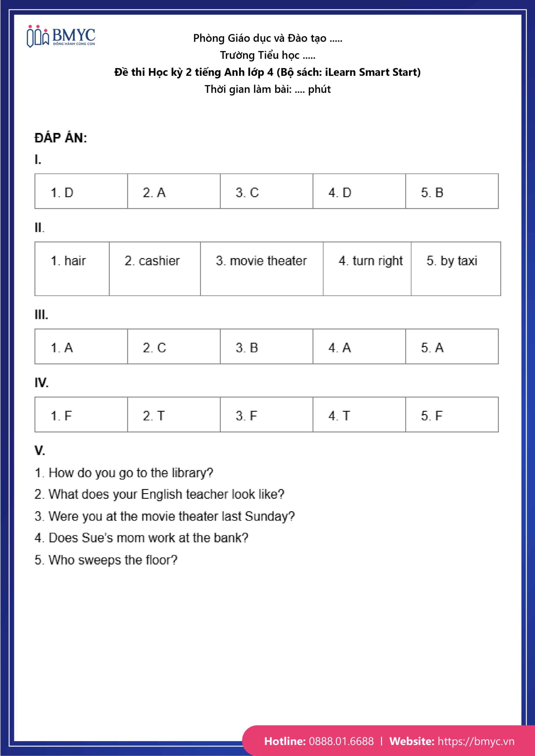 De thi TA lop 4-107 Đáp án đề số 1
