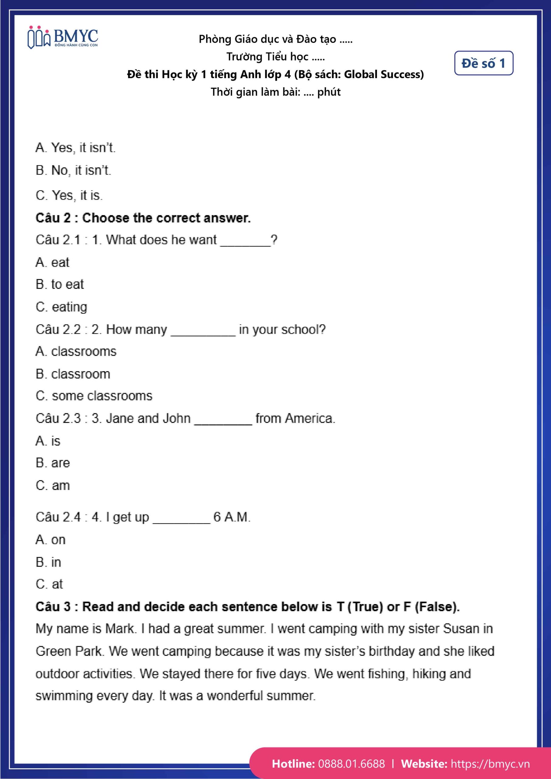 De thi TA lop 4-12 Đề số 1