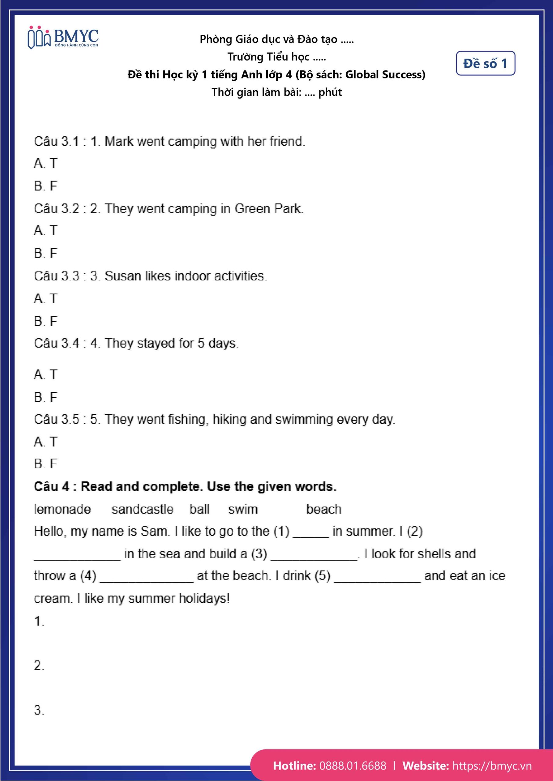 De thi TA lop 4-13 Đề số 1