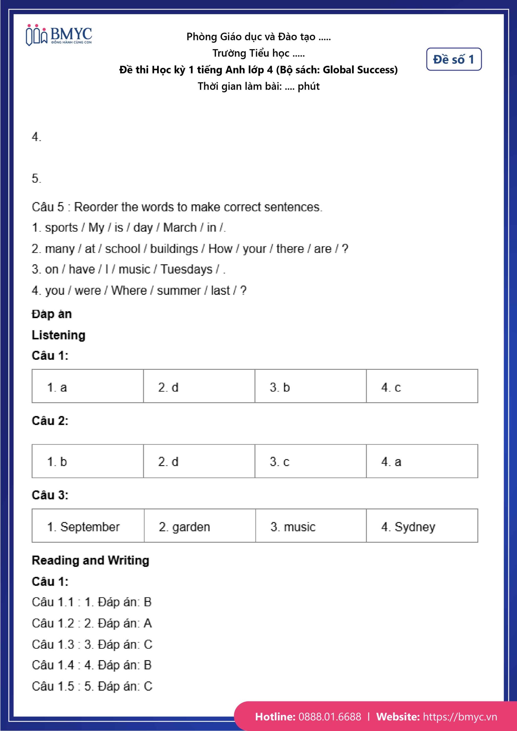 De thi TA lop 4-14 Đáp án đề số 1