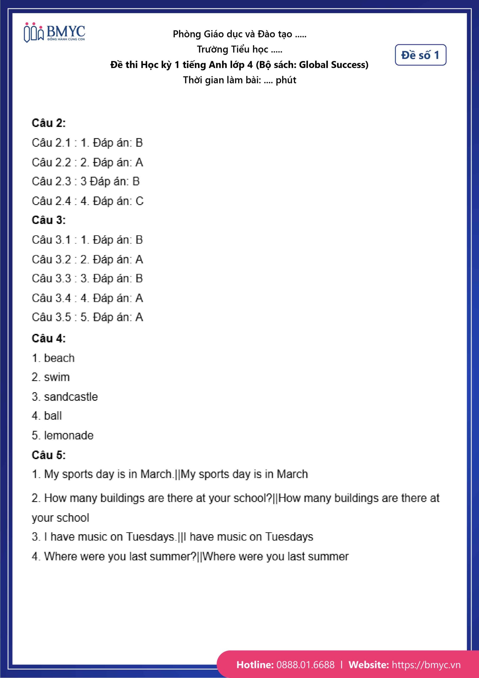 De thi TA lop 4-15 Đáp án đề số 1