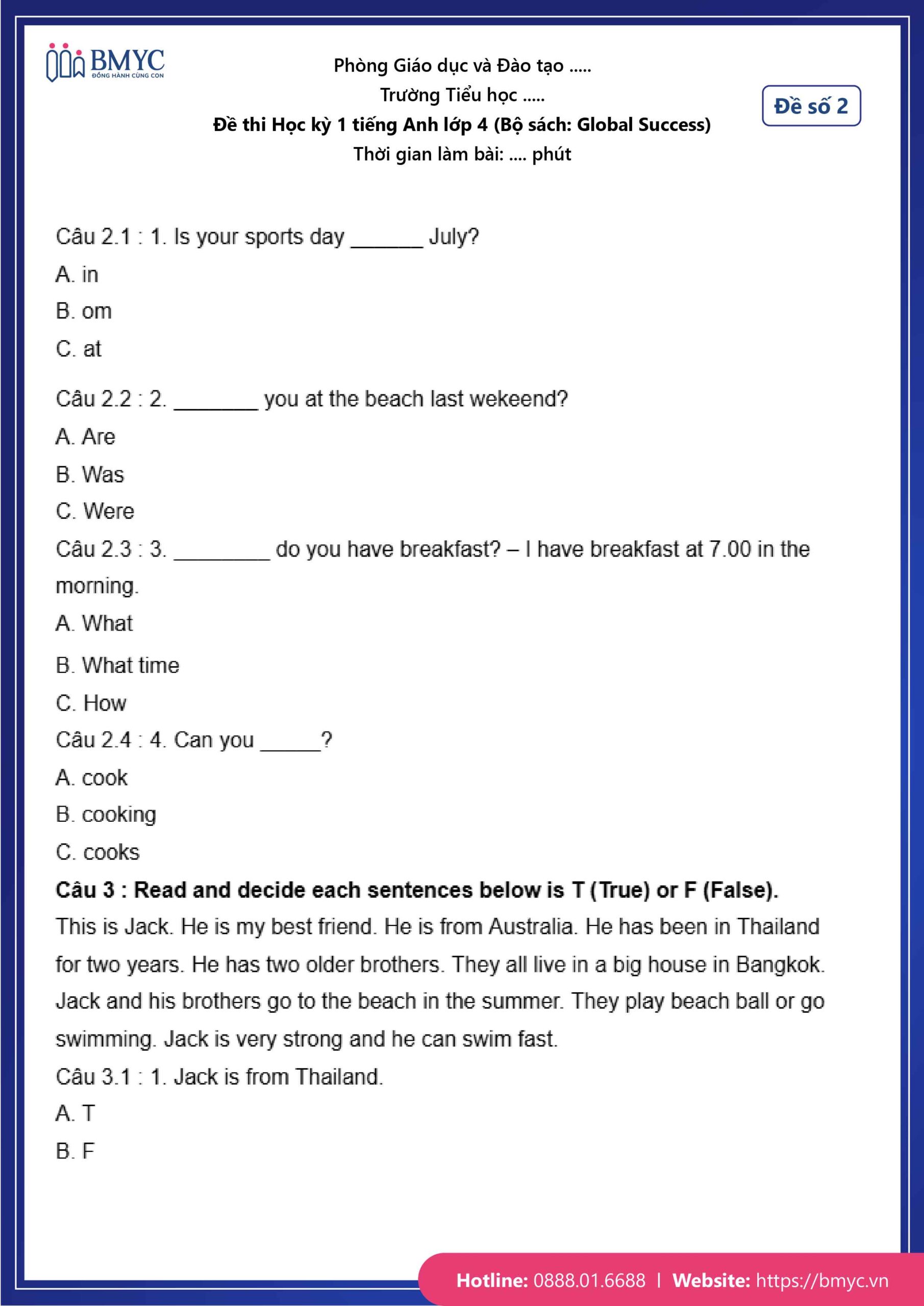De thi TA lop 4-20 Đề số 2