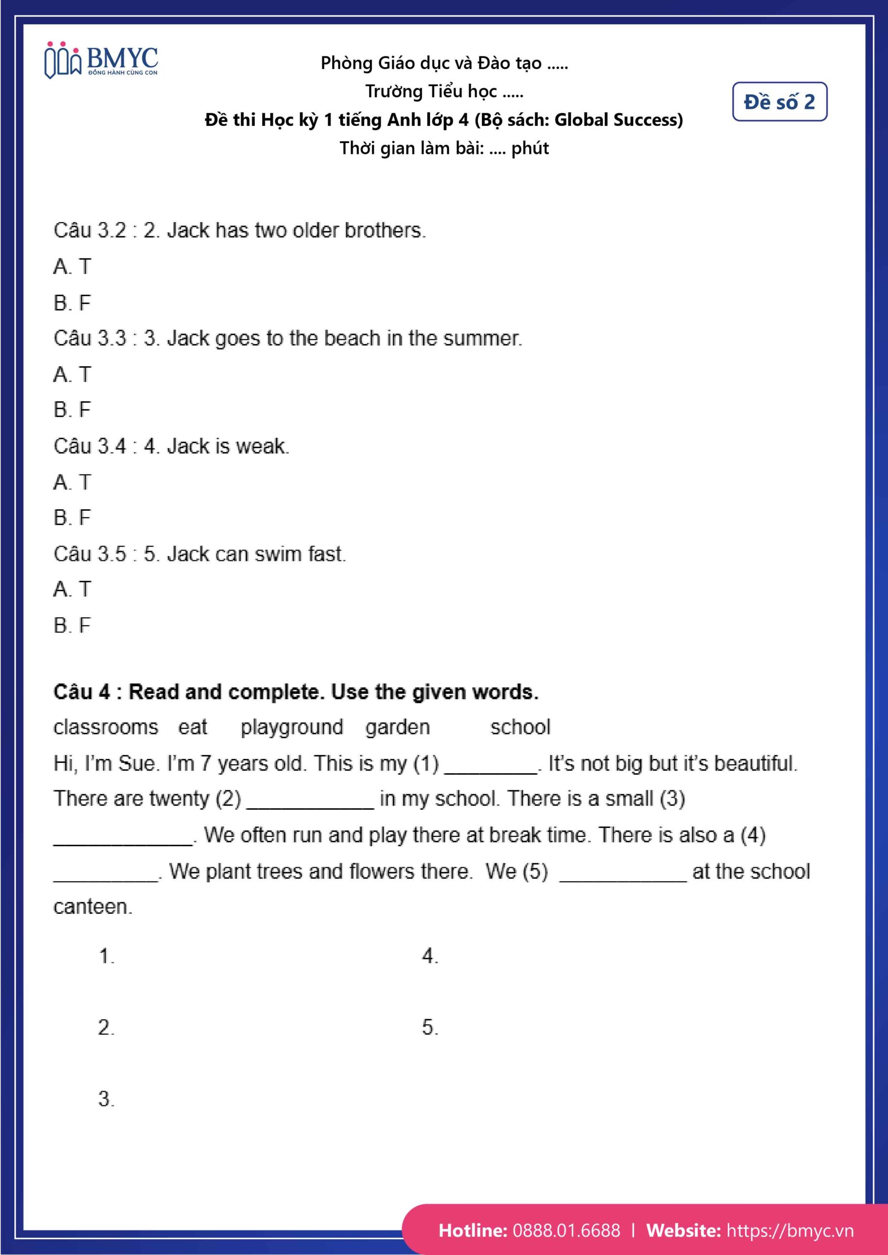 De thi TA lop 4-21 Đáp án đề số 2