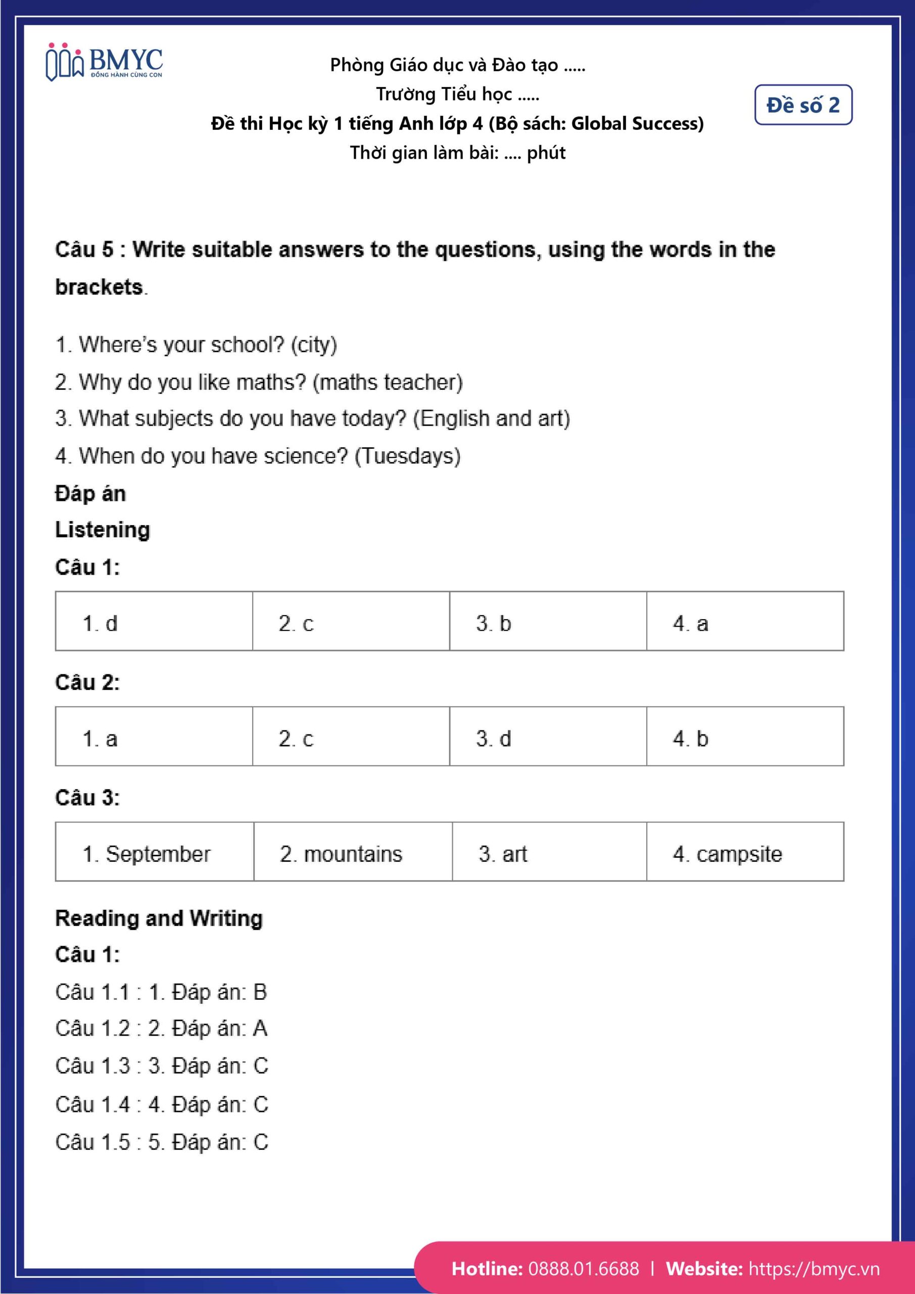 De thi TA lop 4-22 Đáp án đề số 2