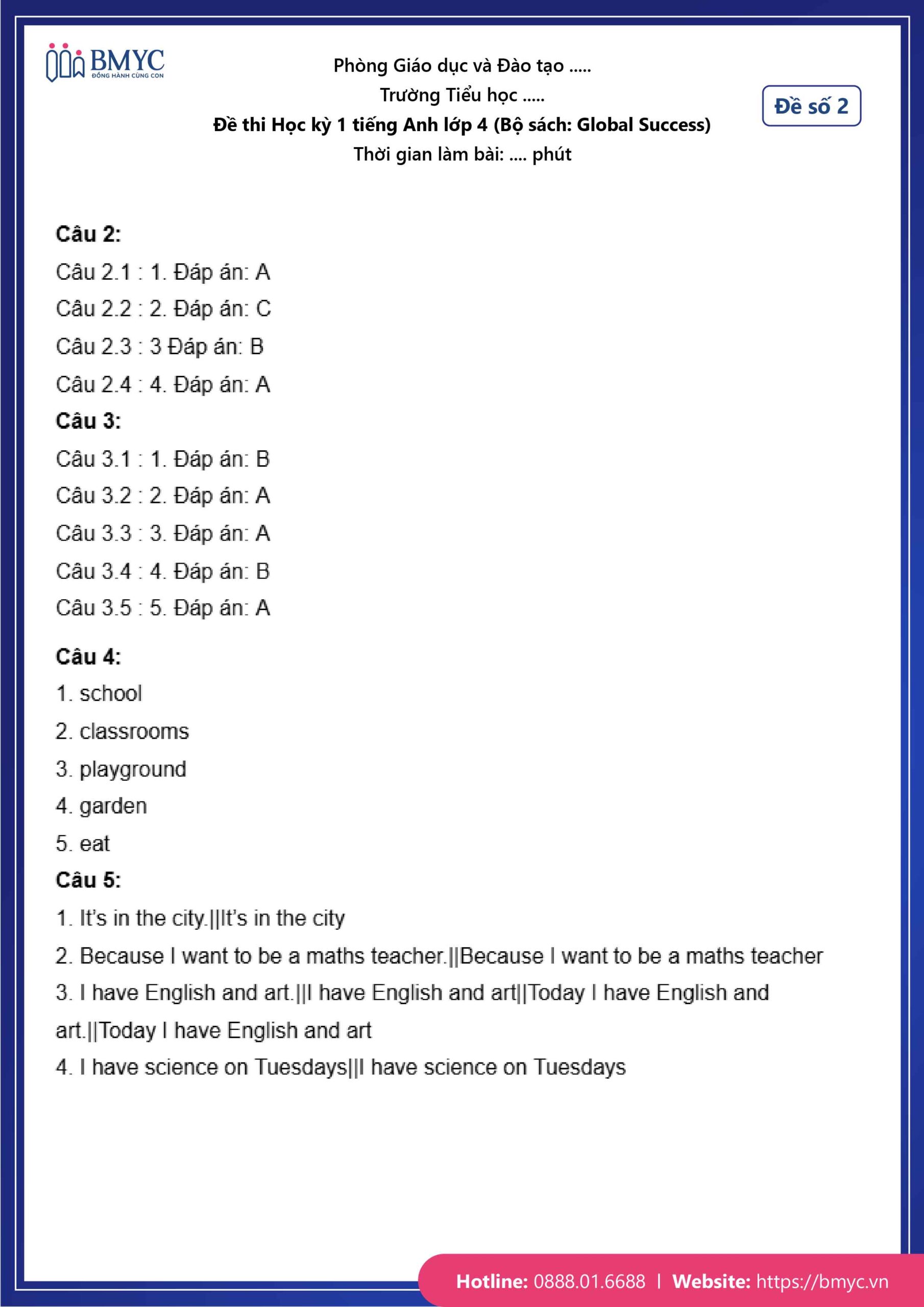 De thi TA lop 4-23 Đáp án đề số 2