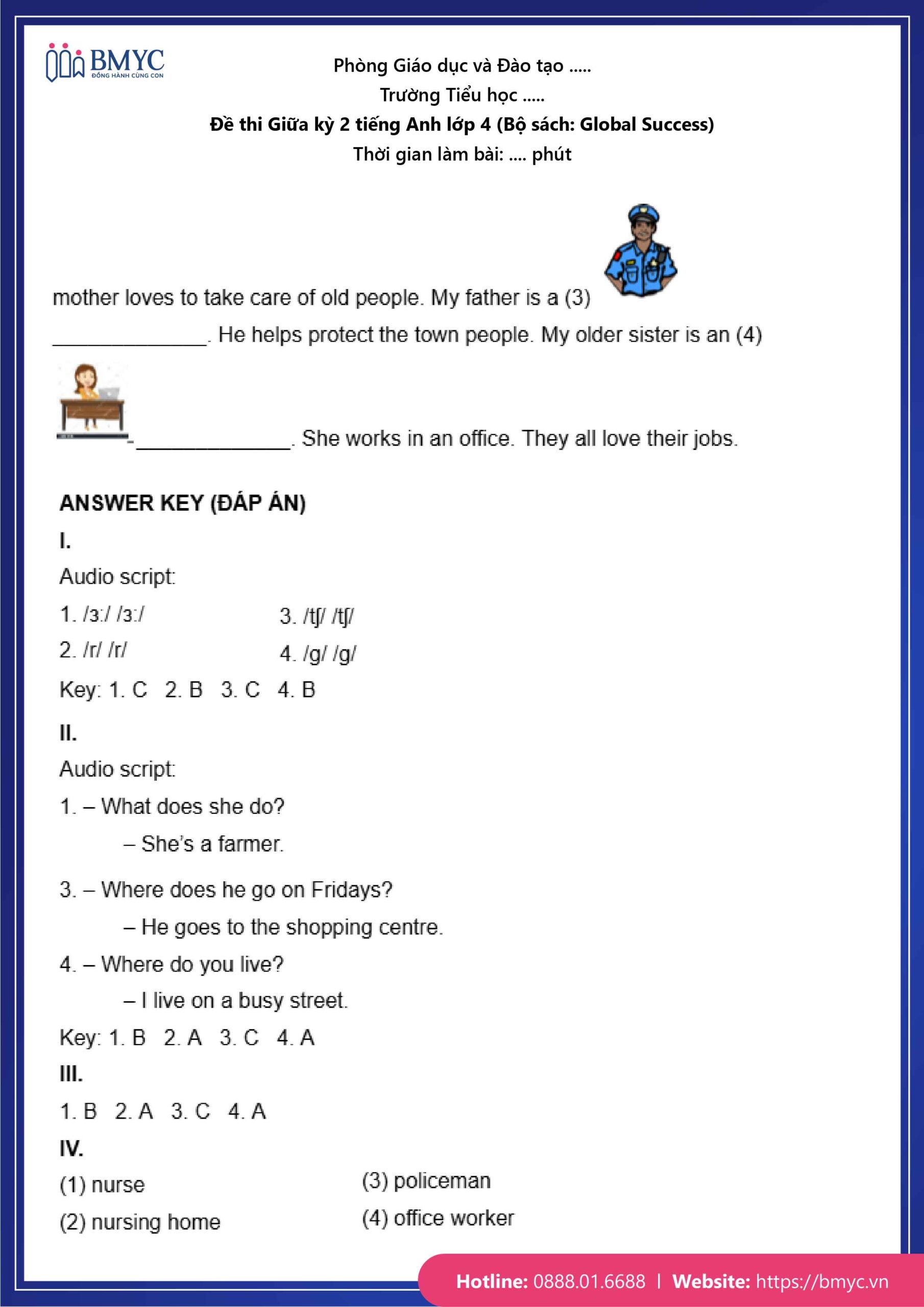 De thi TA lop 4-27 Đáp án đề số 1