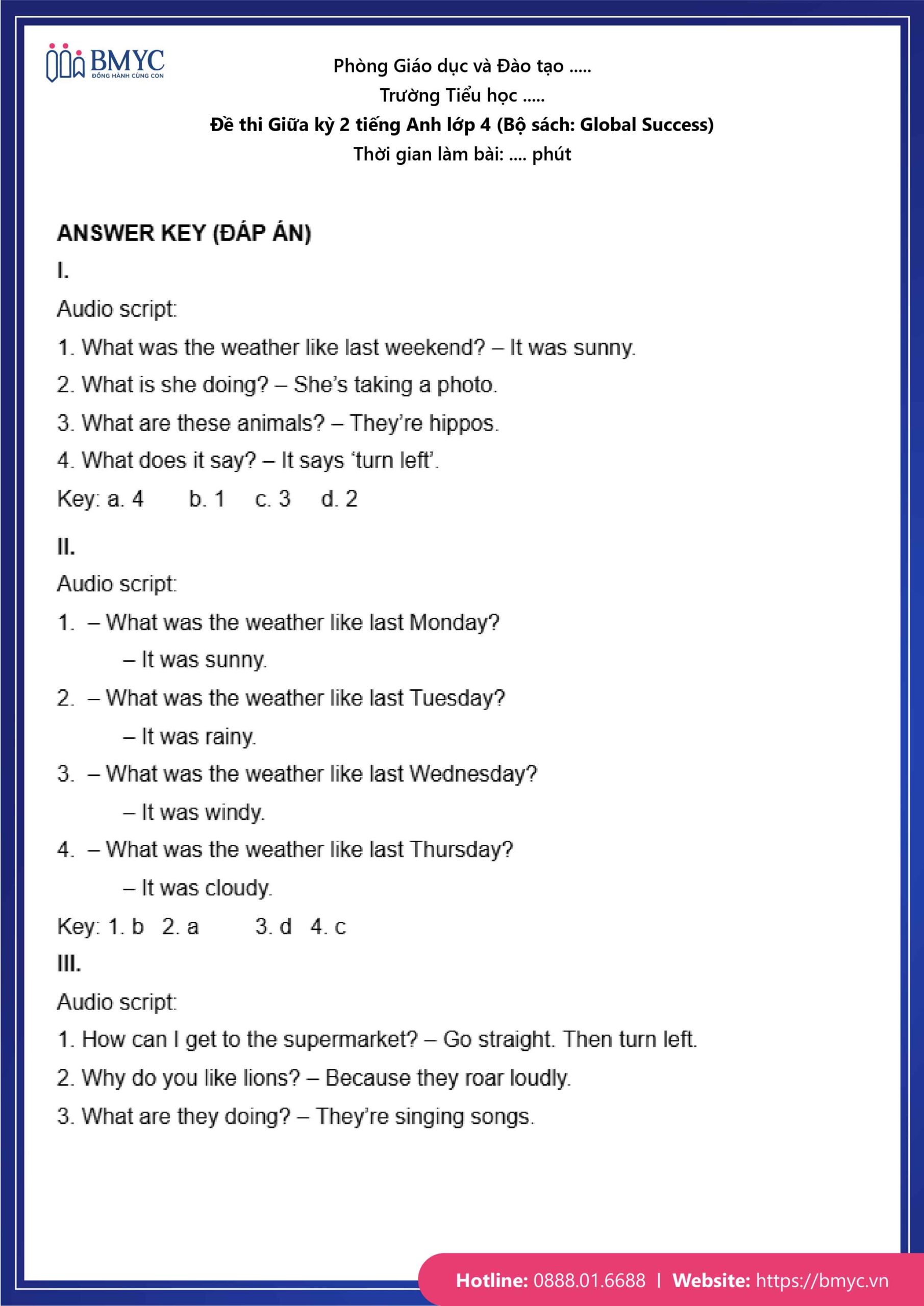 De thi TA lop 4-33 Đáp án đề số 1