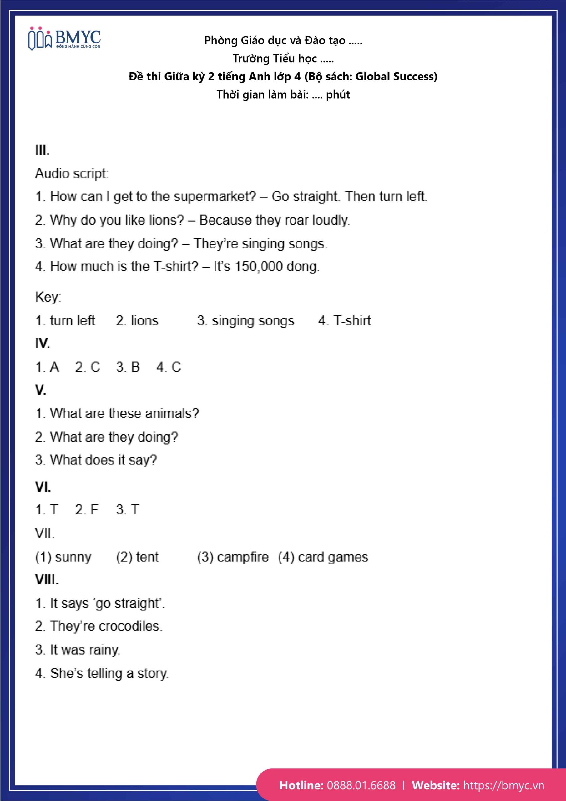 De thi TA lop 4-34 Đáp án đề số 1