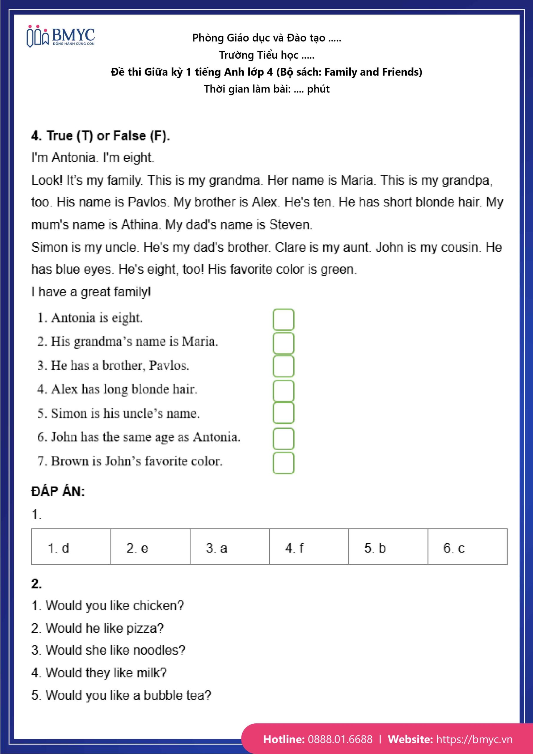 De thi TA lop 4-39 Đề số 1