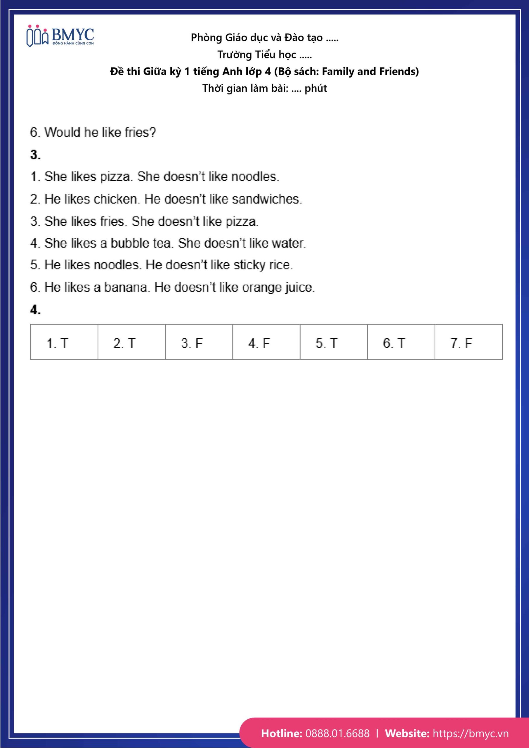 De thi TA lop 4-40 Đáp án đề số 1