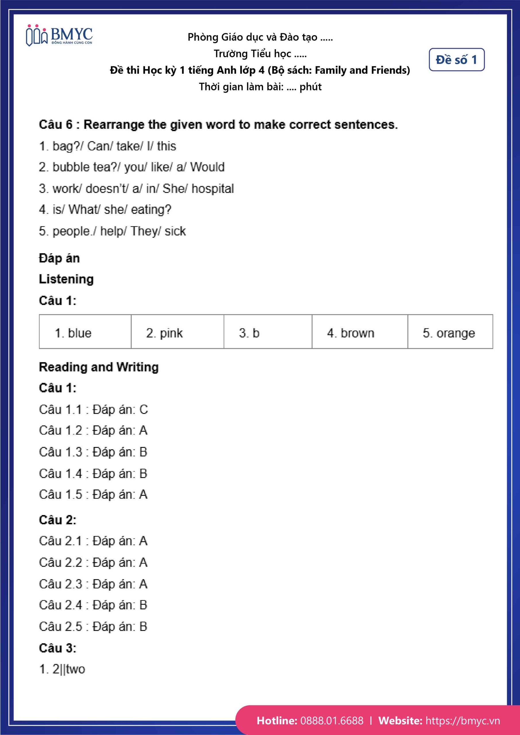 De thi TA lop 4-48 Đáp án đề số 1