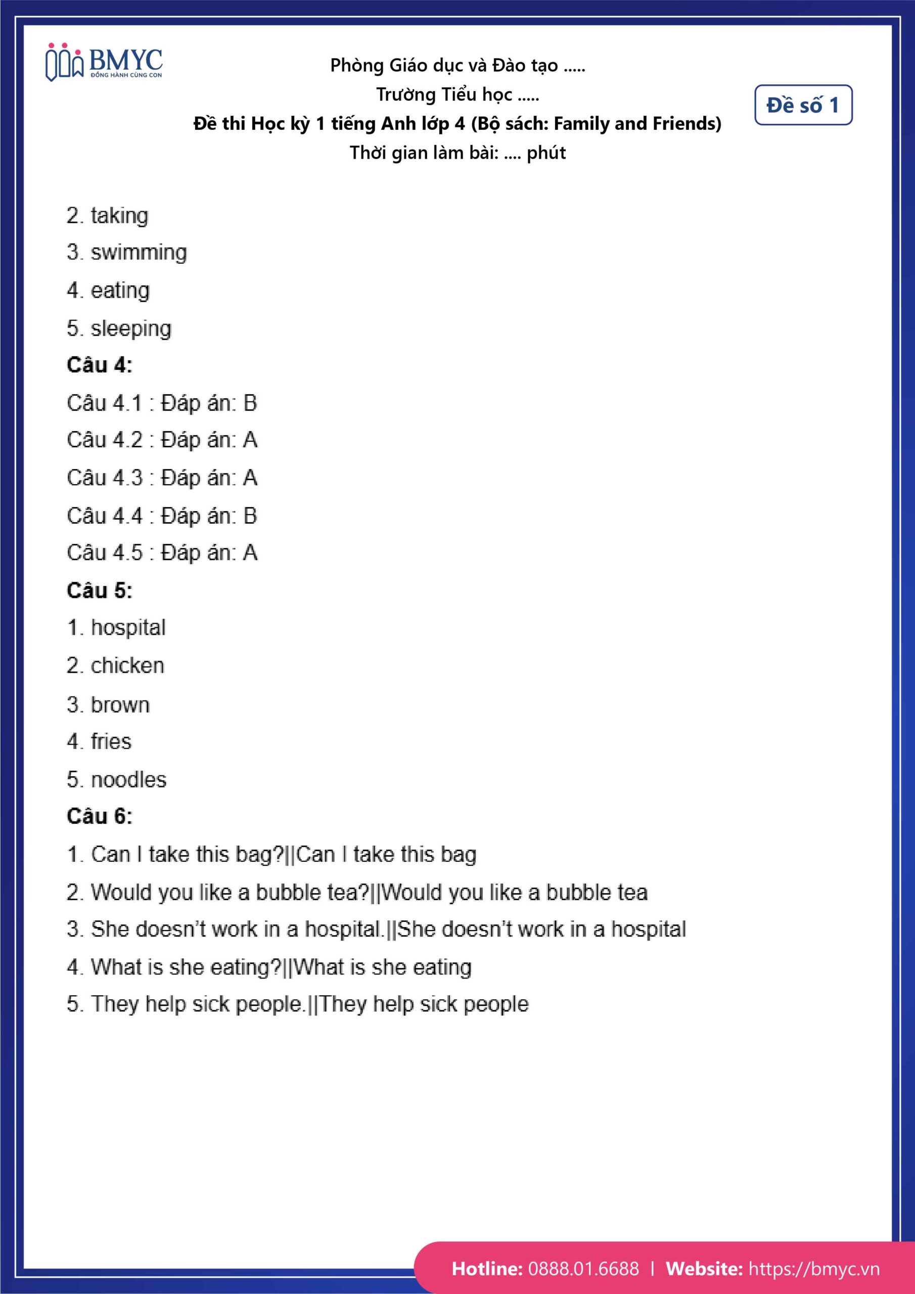 De thi TA lop 4-49 Đáp án đề số 1