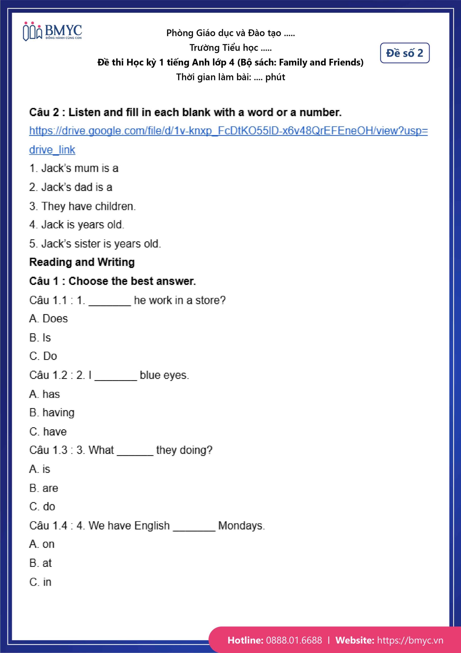 De thi TA lop 4-54 Đề số 2