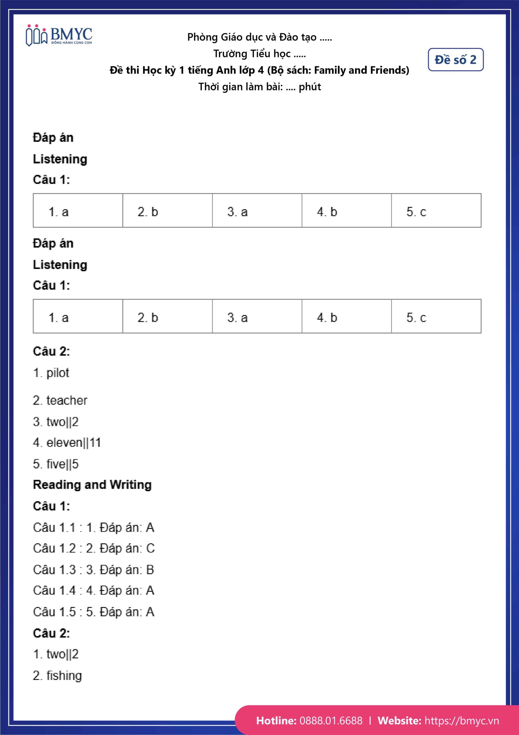 De thi TA lop 4-58 Đáp án đề số 2