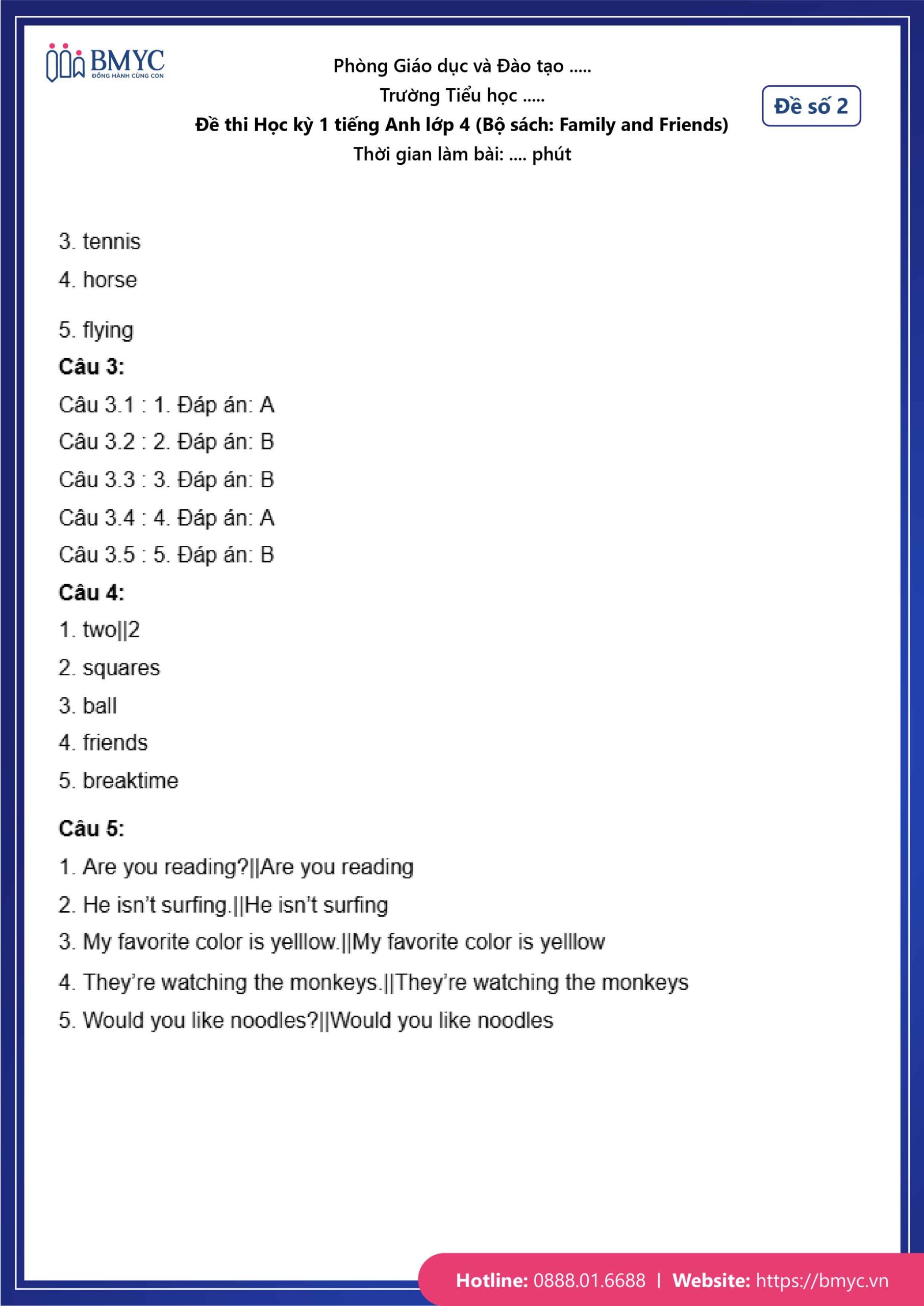 De thi TA lop 4-59 Đáp án đề số 2