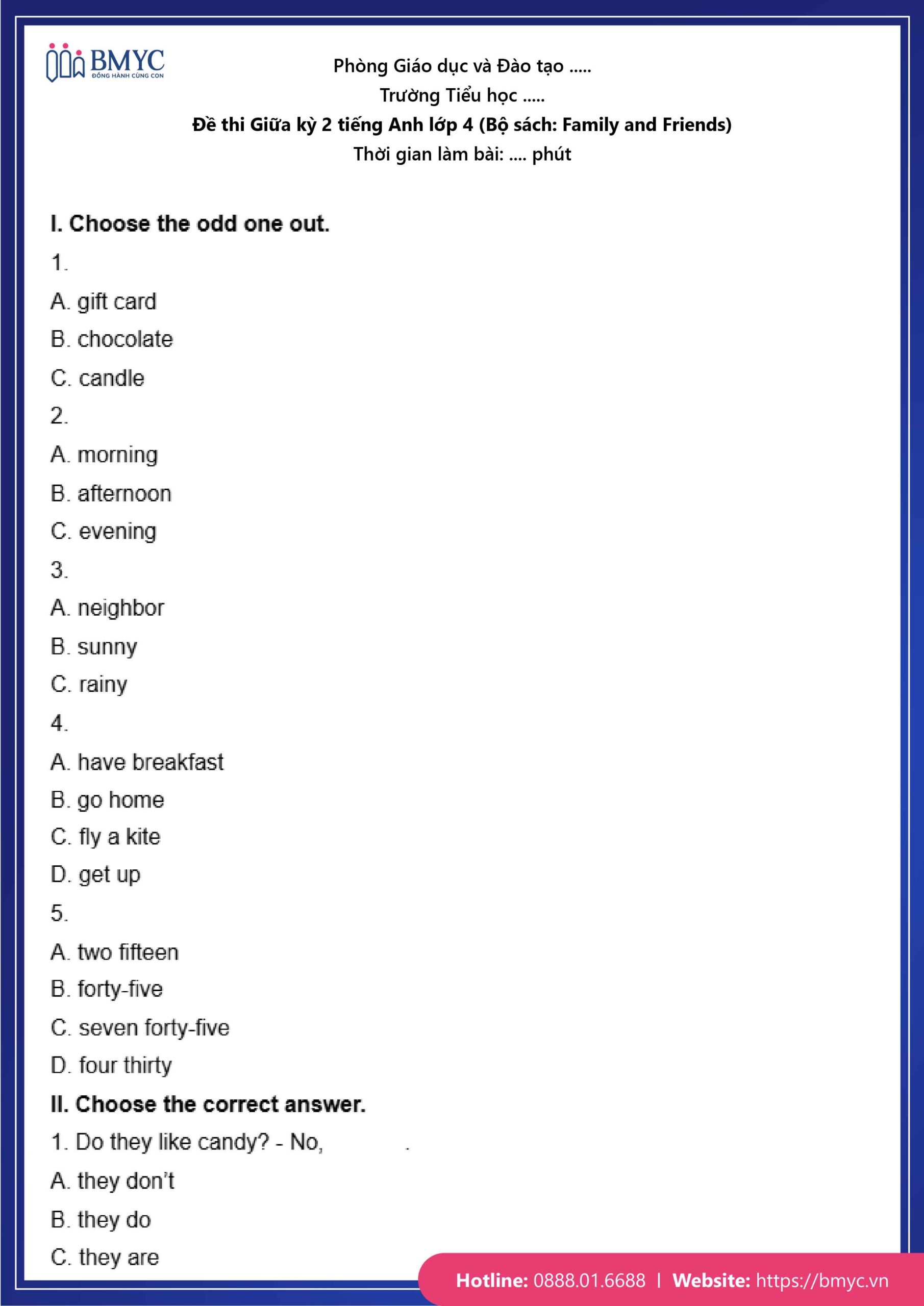 De thi TA lop 4-61 Đề số 1