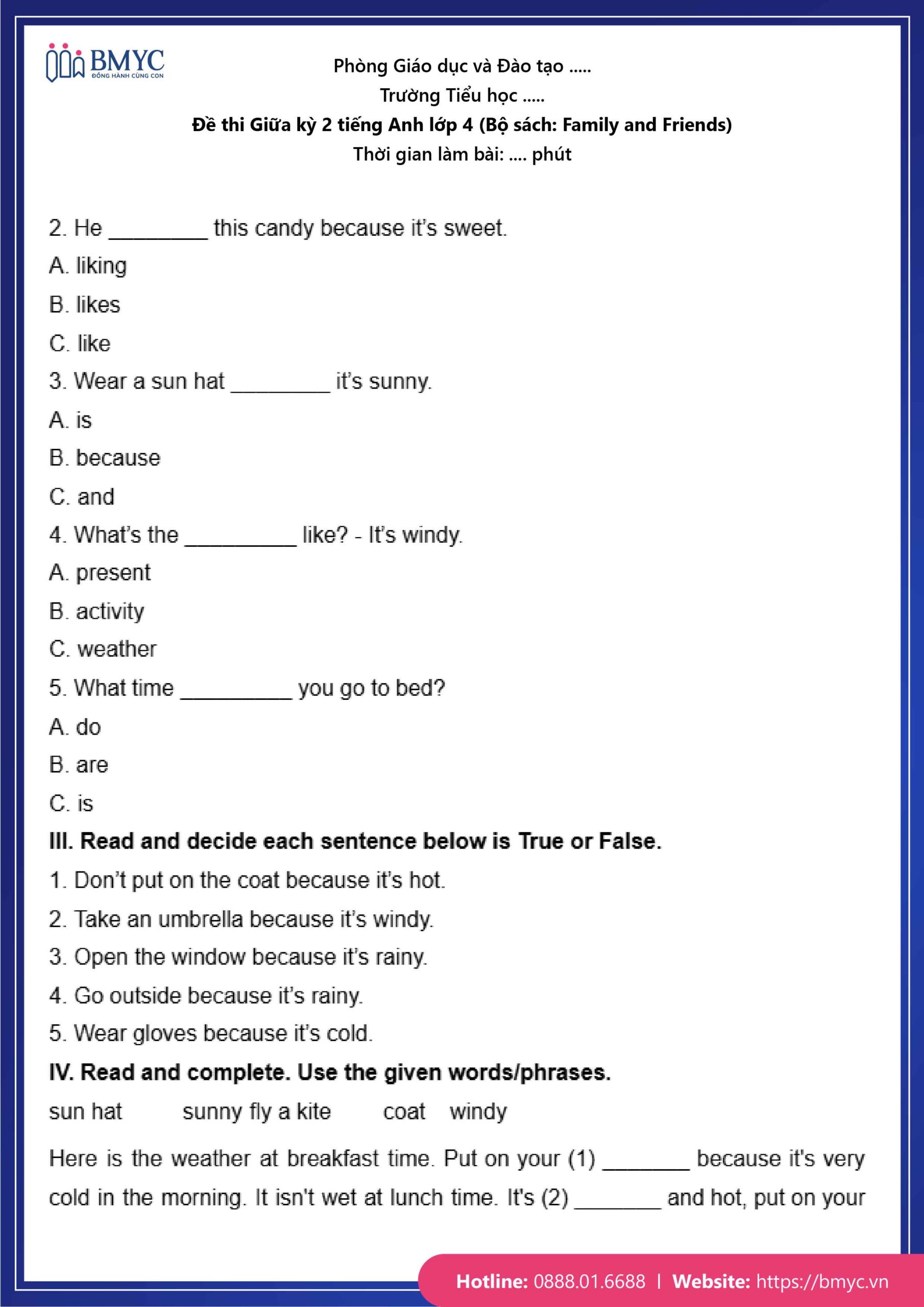 De thi TA lop 4-62 Đề số 1