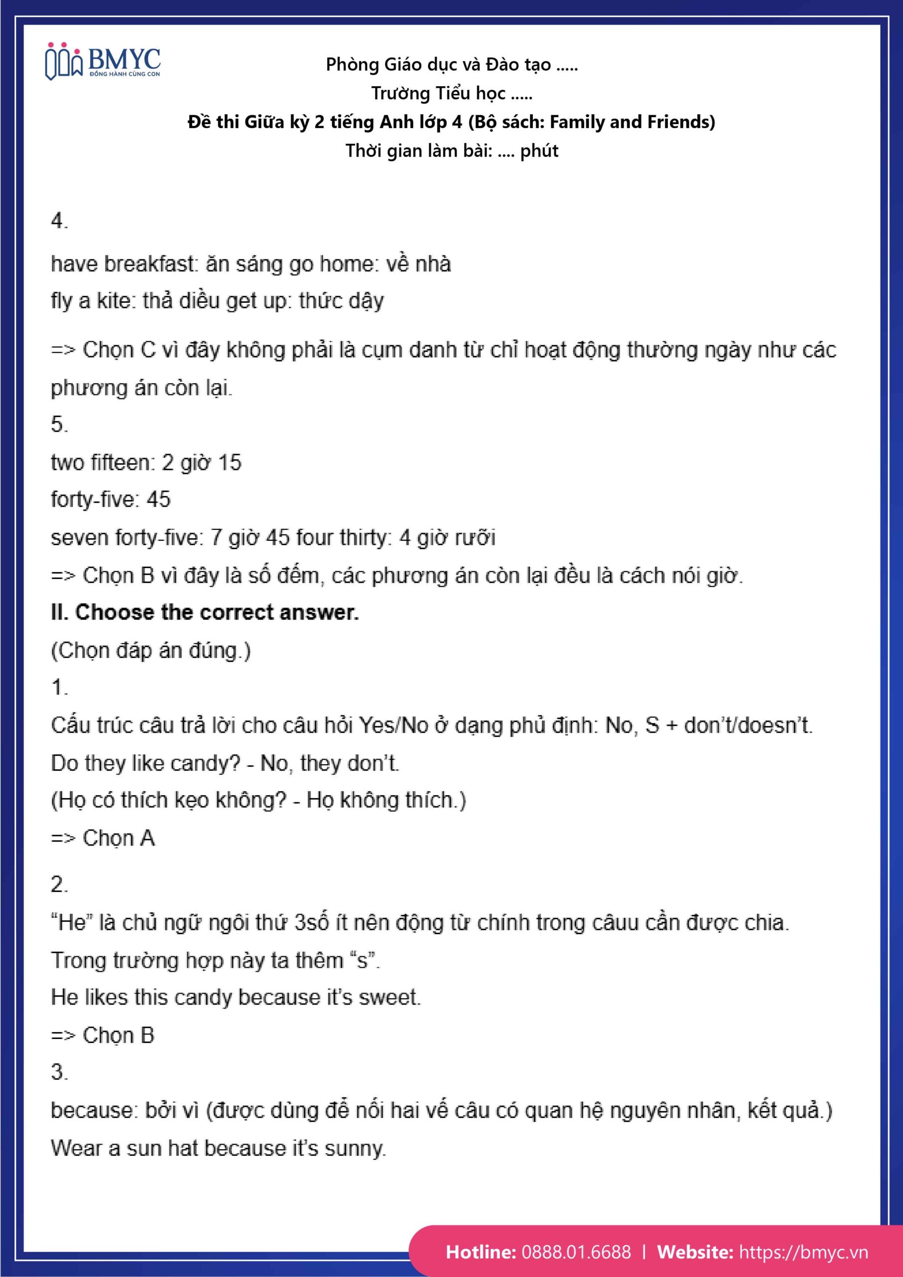 De thi TA lop 4-64 Đáp án đề số 1