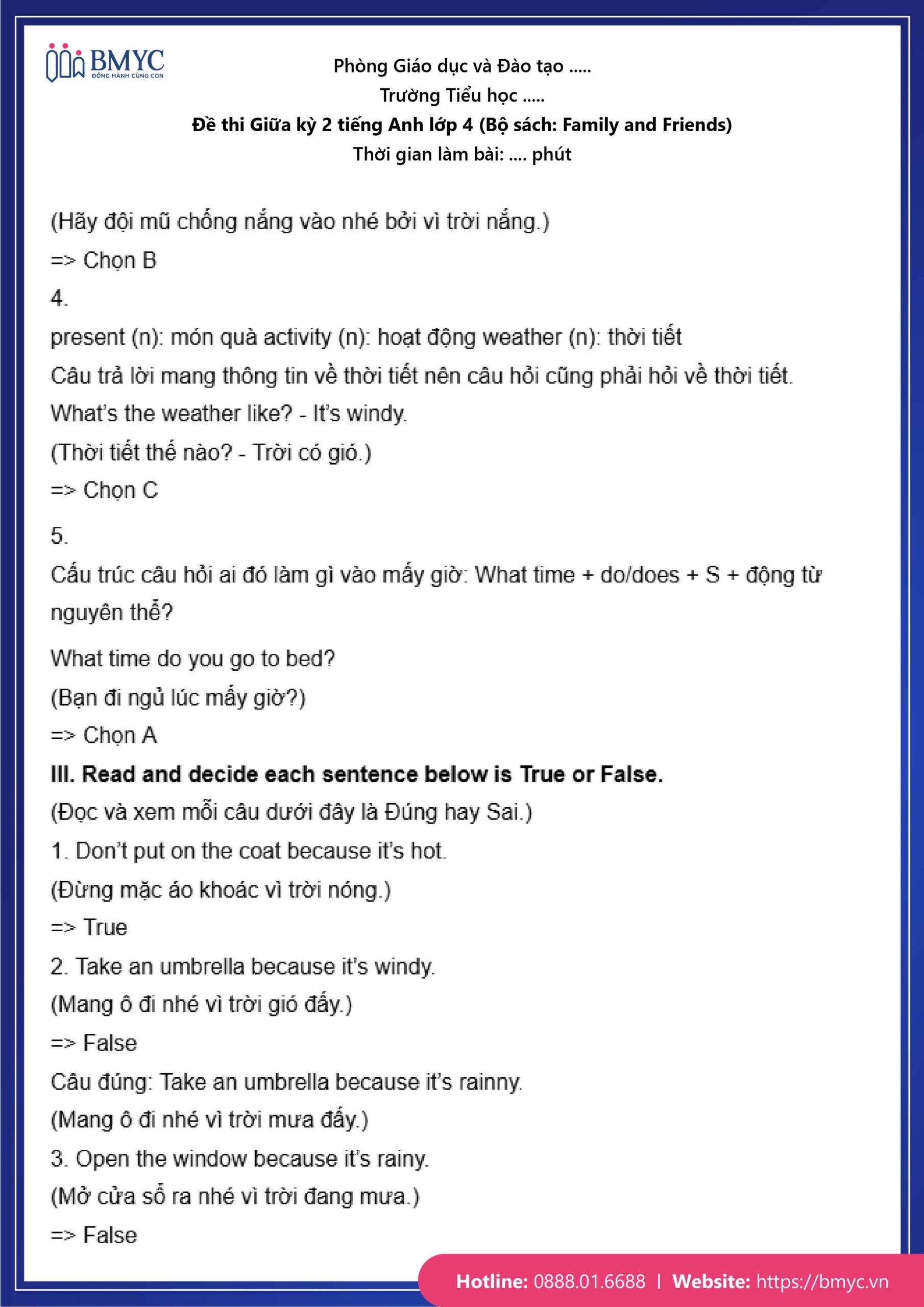 De thi TA lop 4-65 Đáp án đề số 1