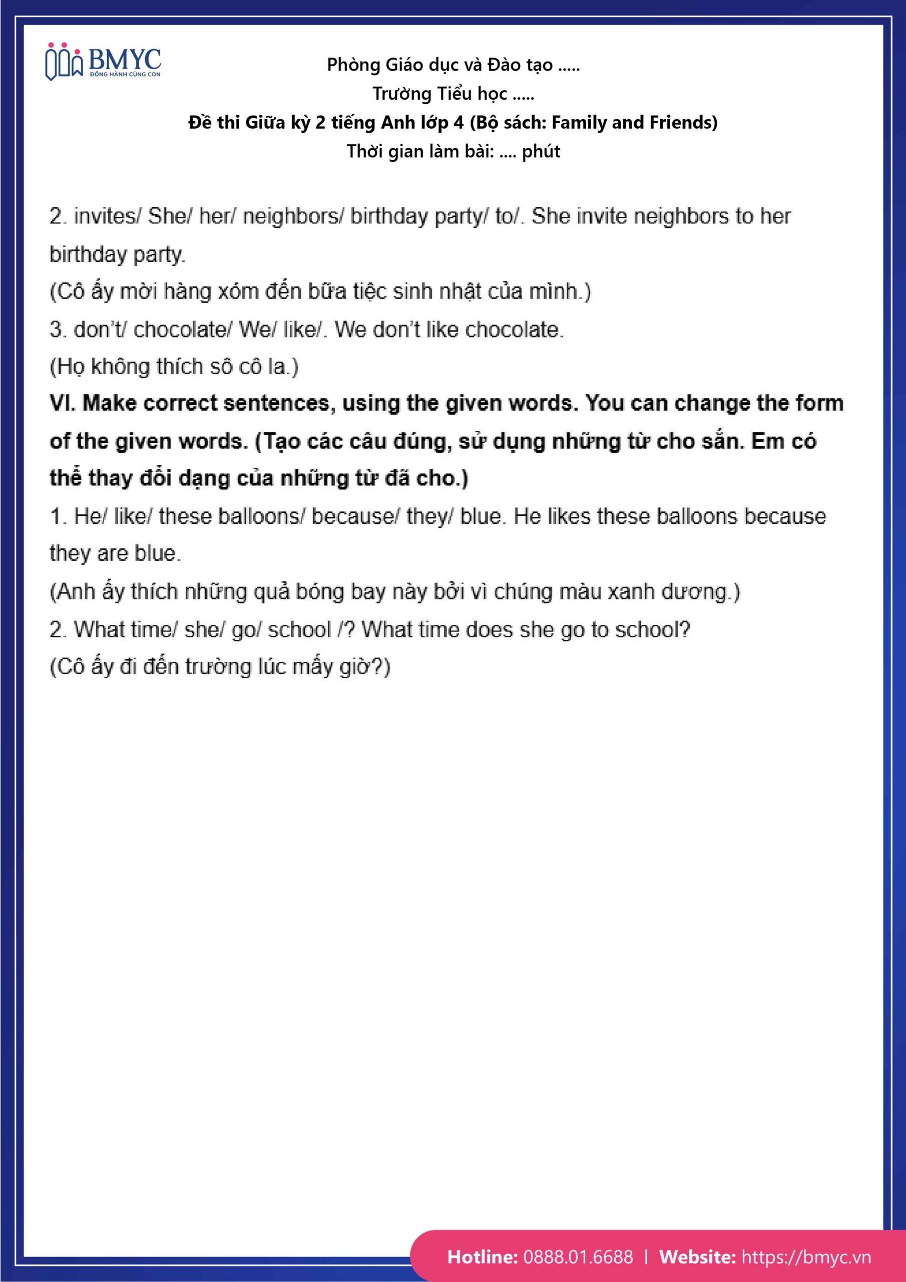 De thi TA lop 4-67 Đáp án đề số 1