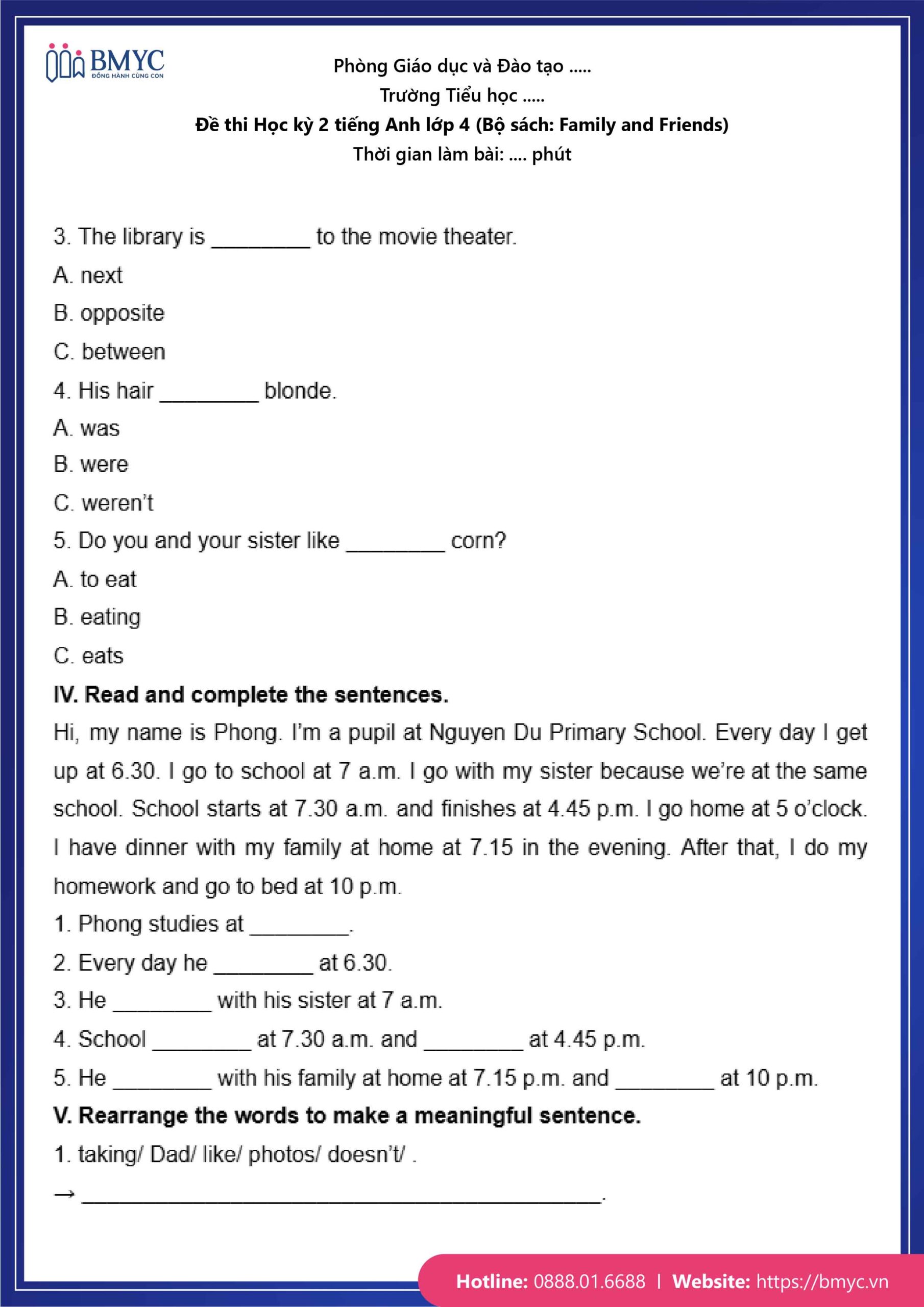 De thi TA lop 4-70 Đề số 1