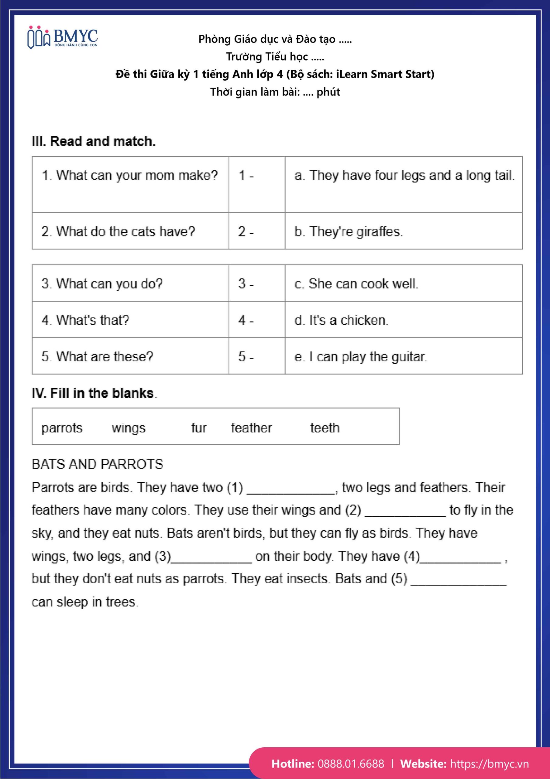 De thi TA lop 4-75 Đề số 1