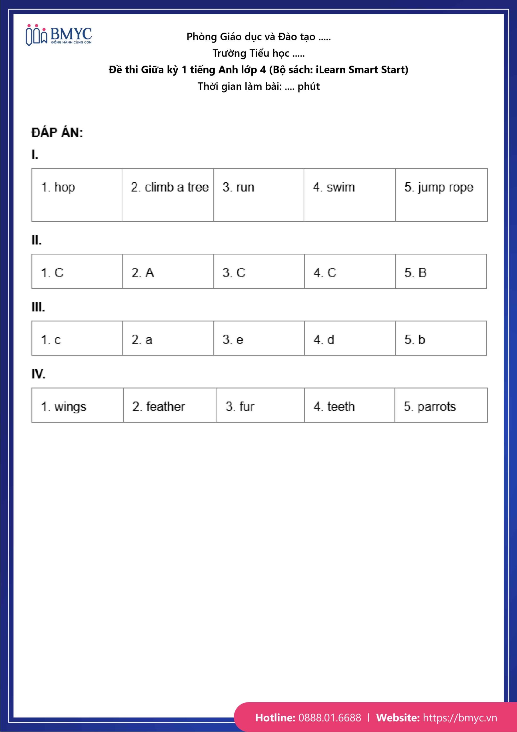 De thi TA lop 4-76 Đáp án đề số 1
