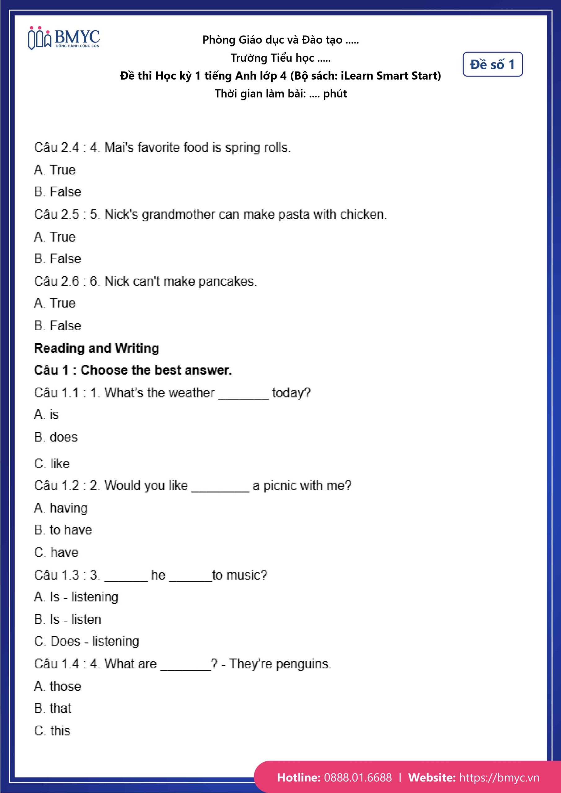 De thi TA lop 4-79 Đề số 1
