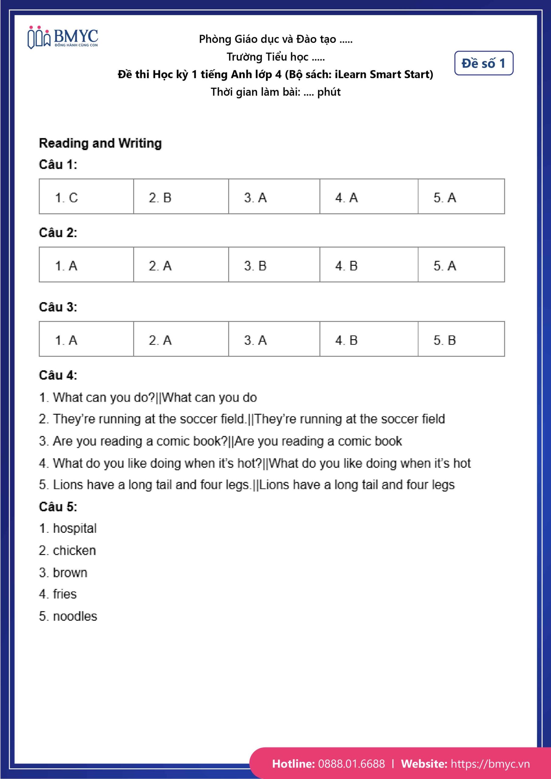 De thi TA lop 4-84 Đáp án đề số 1