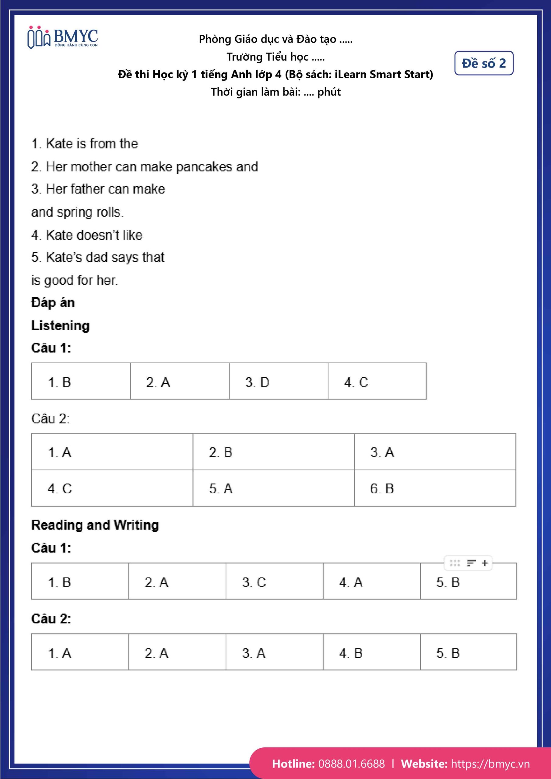 De thi TA lop 4-93 Đáp án đề số 2